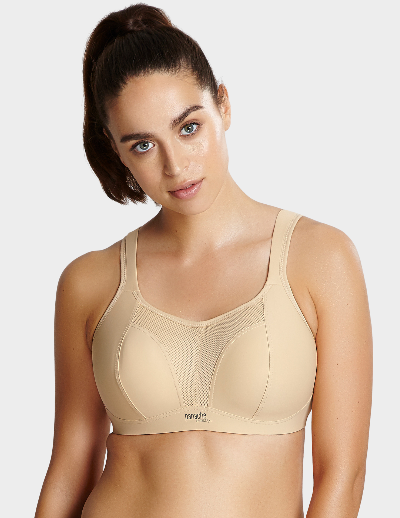 Front view of a model wearing Panache Non wired sports bra in Latte