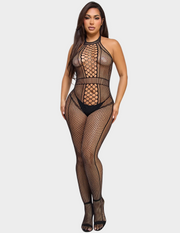 Front view of a model wearing a black fishnet bodysuit