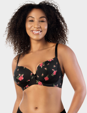 Front view of a model wearing Parfait Casey plunge bra in Black Rose Print