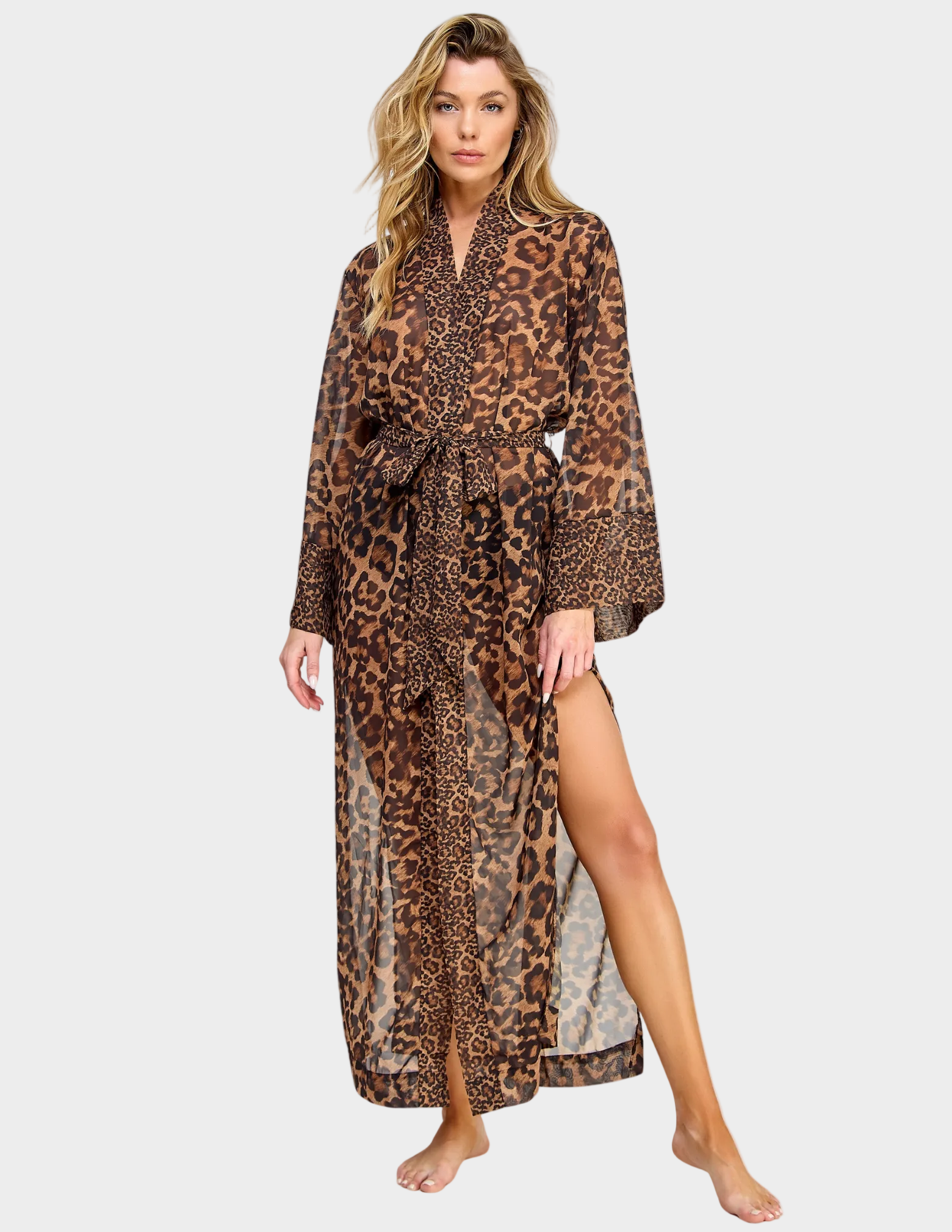 Front view of a model wearing a sheer leopard print robe