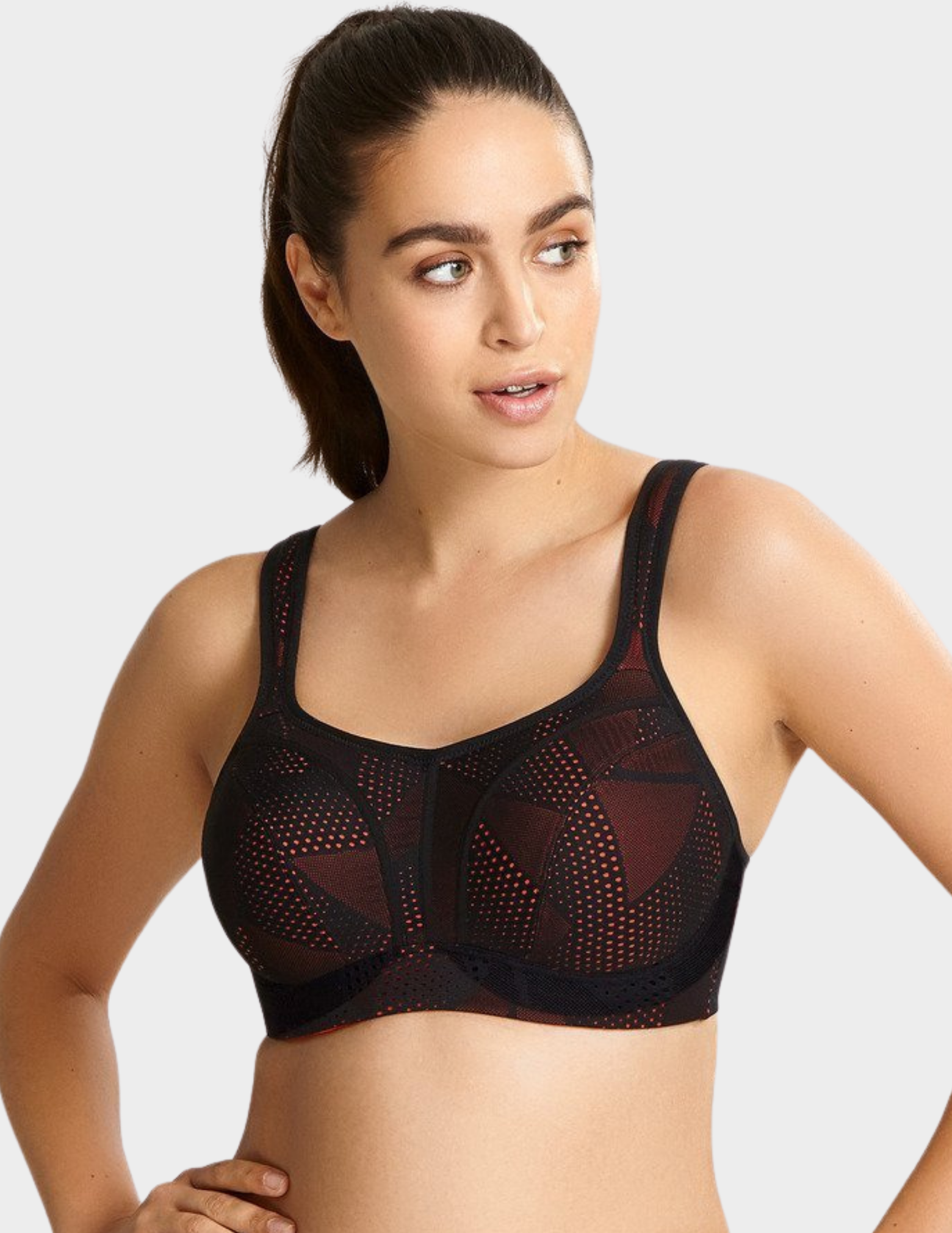 Front view of a model wearing Panache Power sports bra in Black Coral