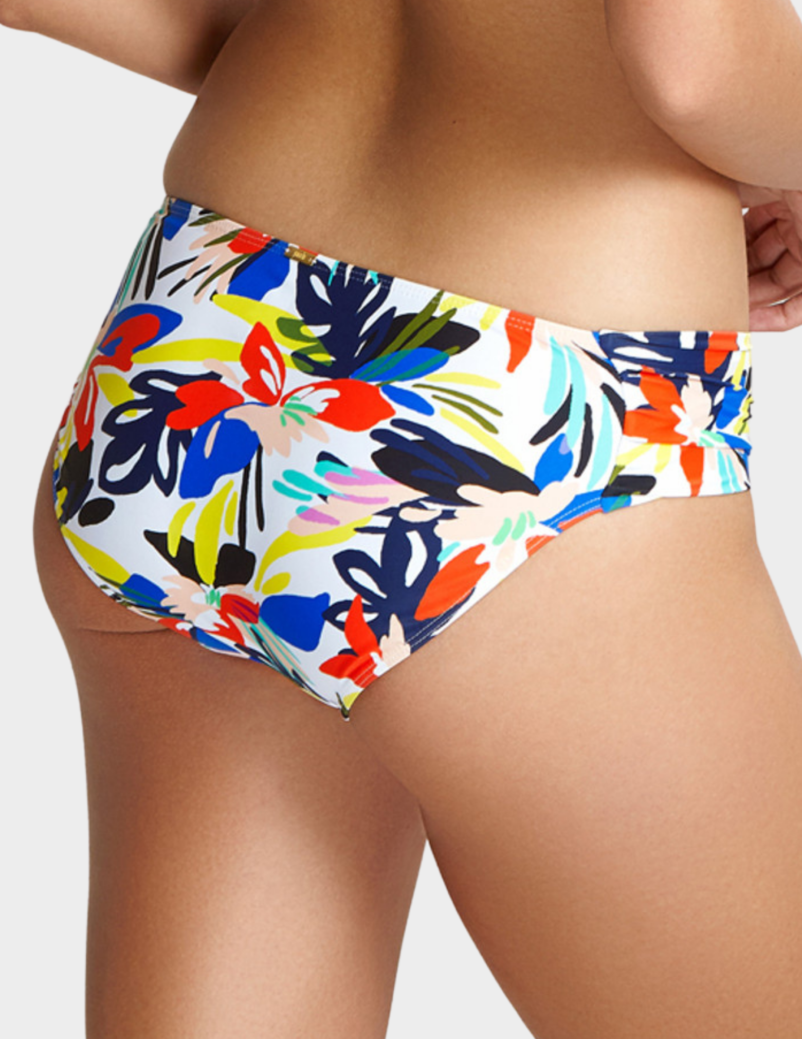 Back view of a model wearing Panache Anya Riva swim brief in floral print