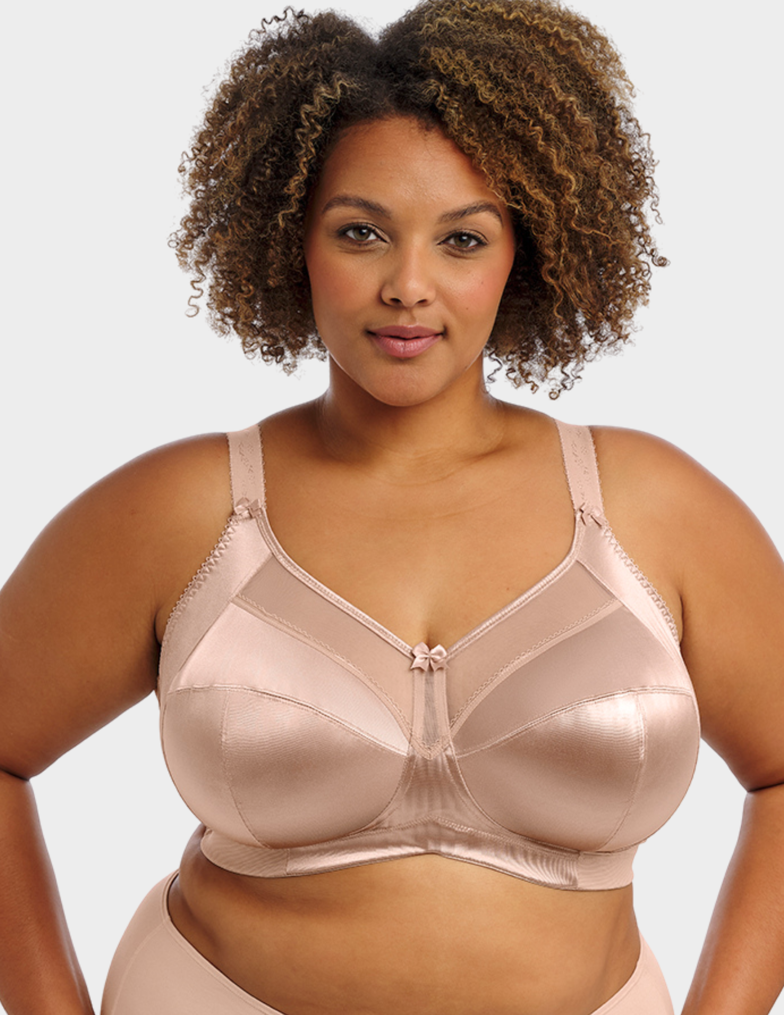 Front view of a model wearing Goddess Keira soft cup bra in fawn