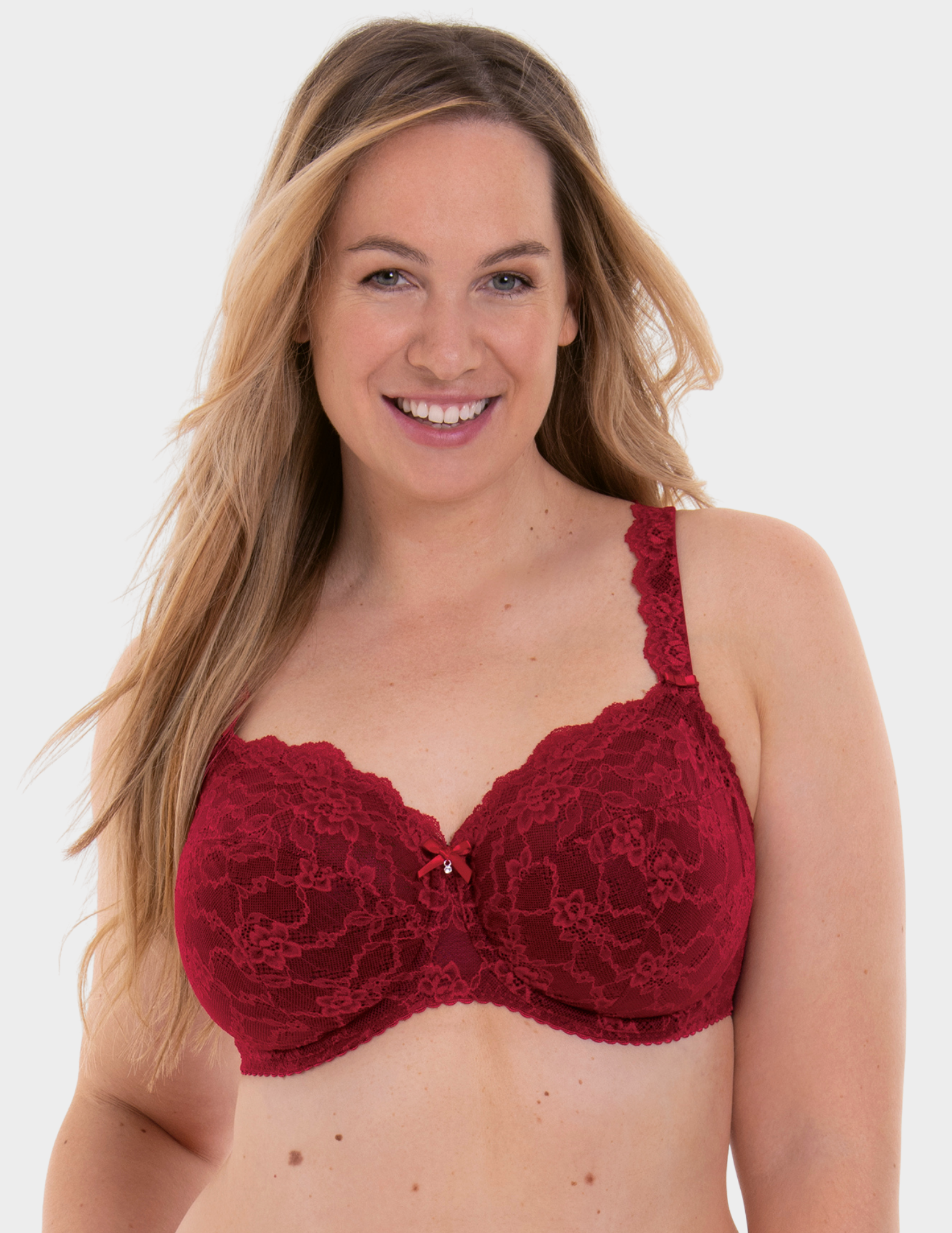 Front view of a model wearing Anita Bobette bra in color Ruby
