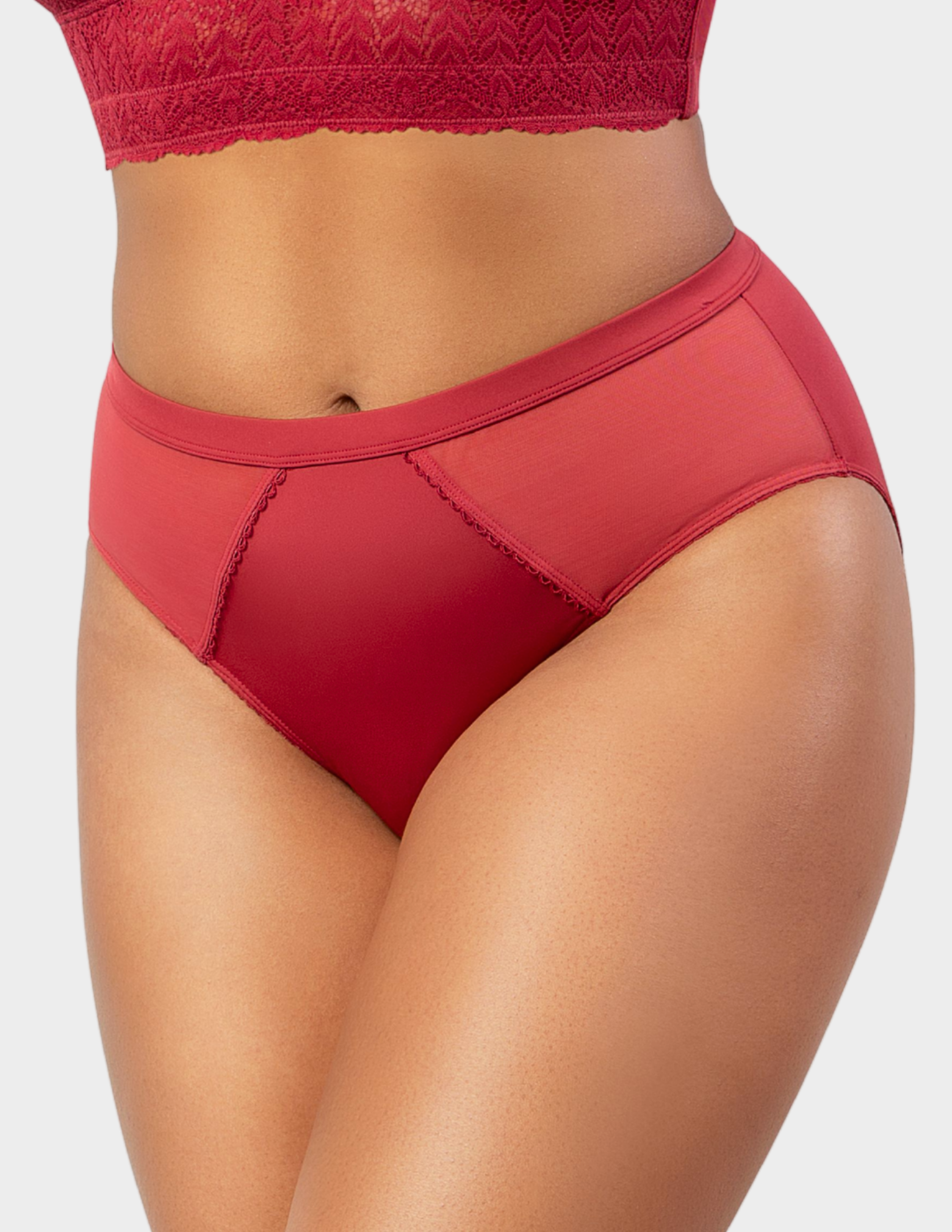 Front view of a model wearing Parfait Micro Dressy panty in rio red