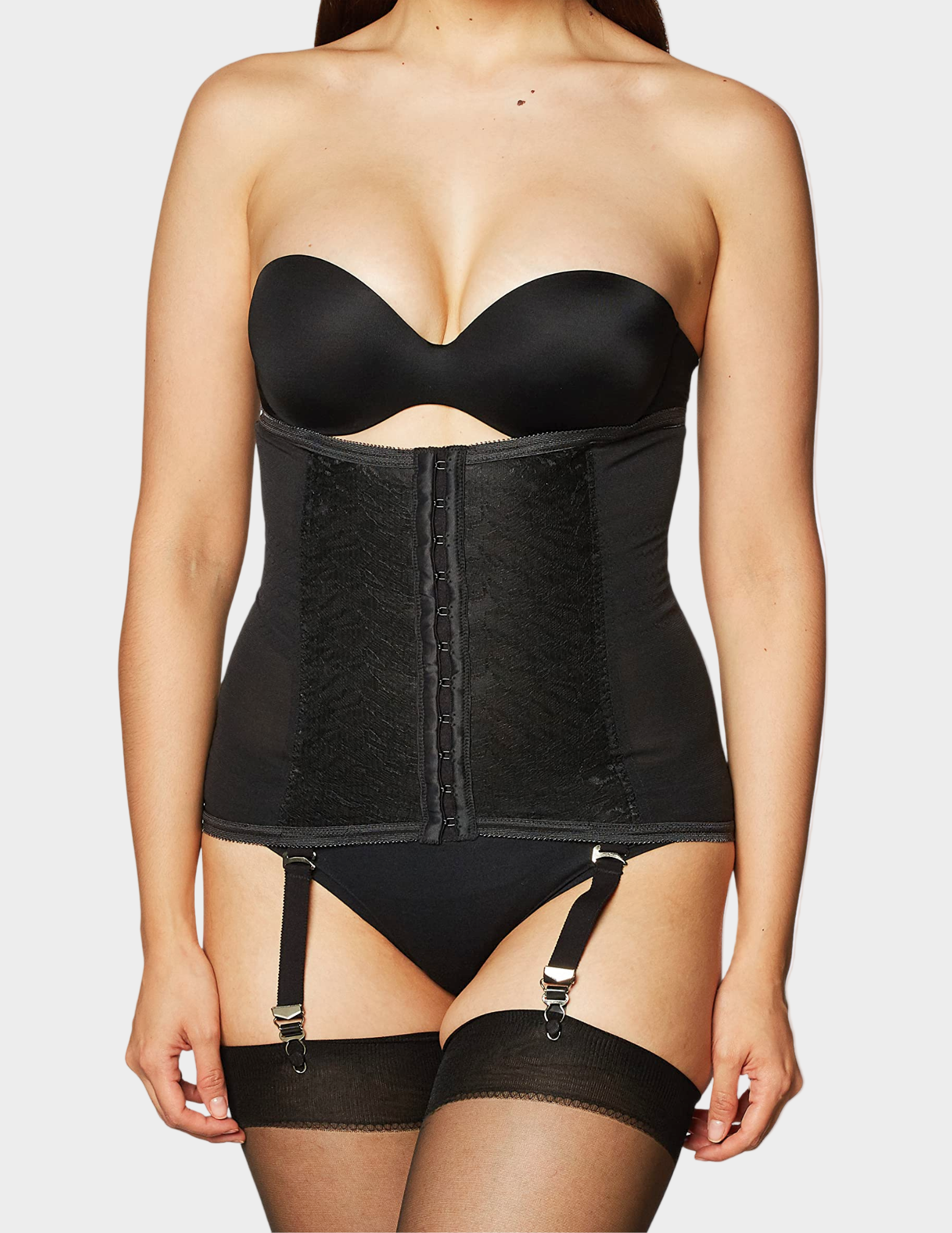 Front view of a model wearing Rago 21 black waist trainer