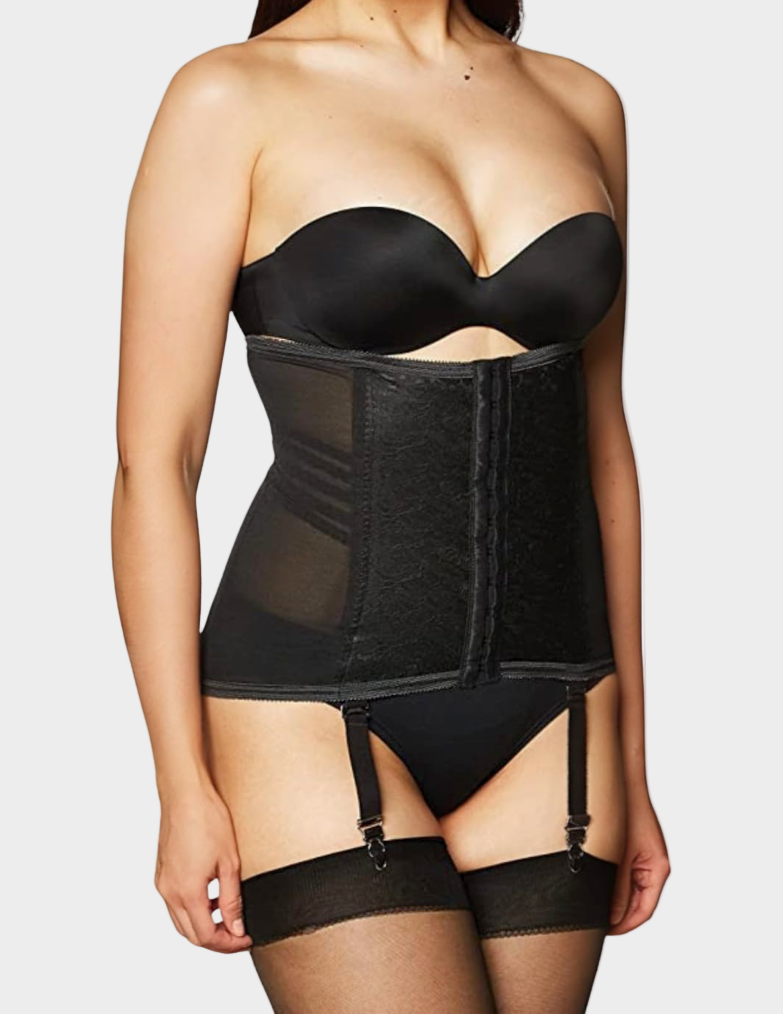 Side view of a model wearing Rago 21 black waist trainer