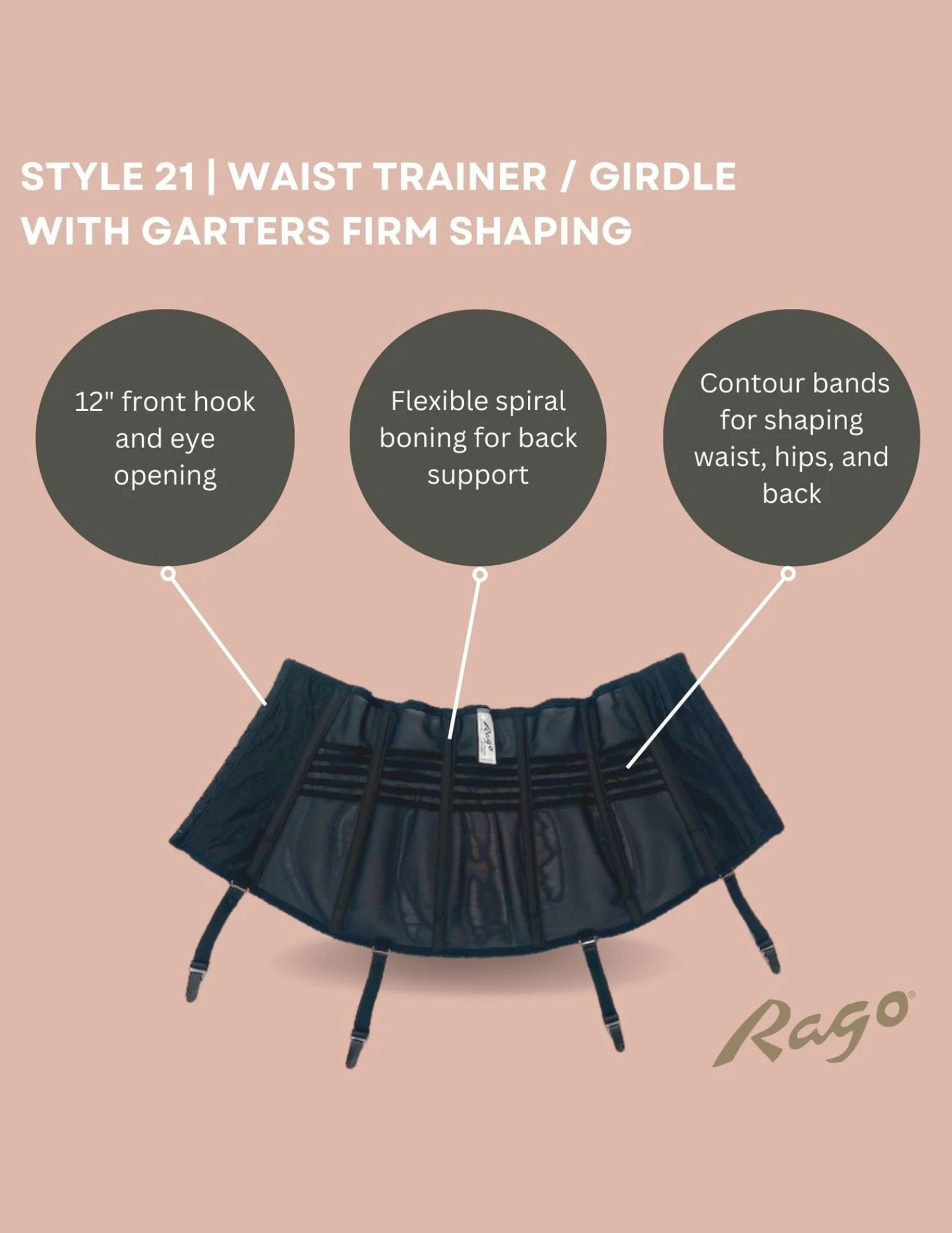 Inside view of Rago 21 black waist trainer with text describing features