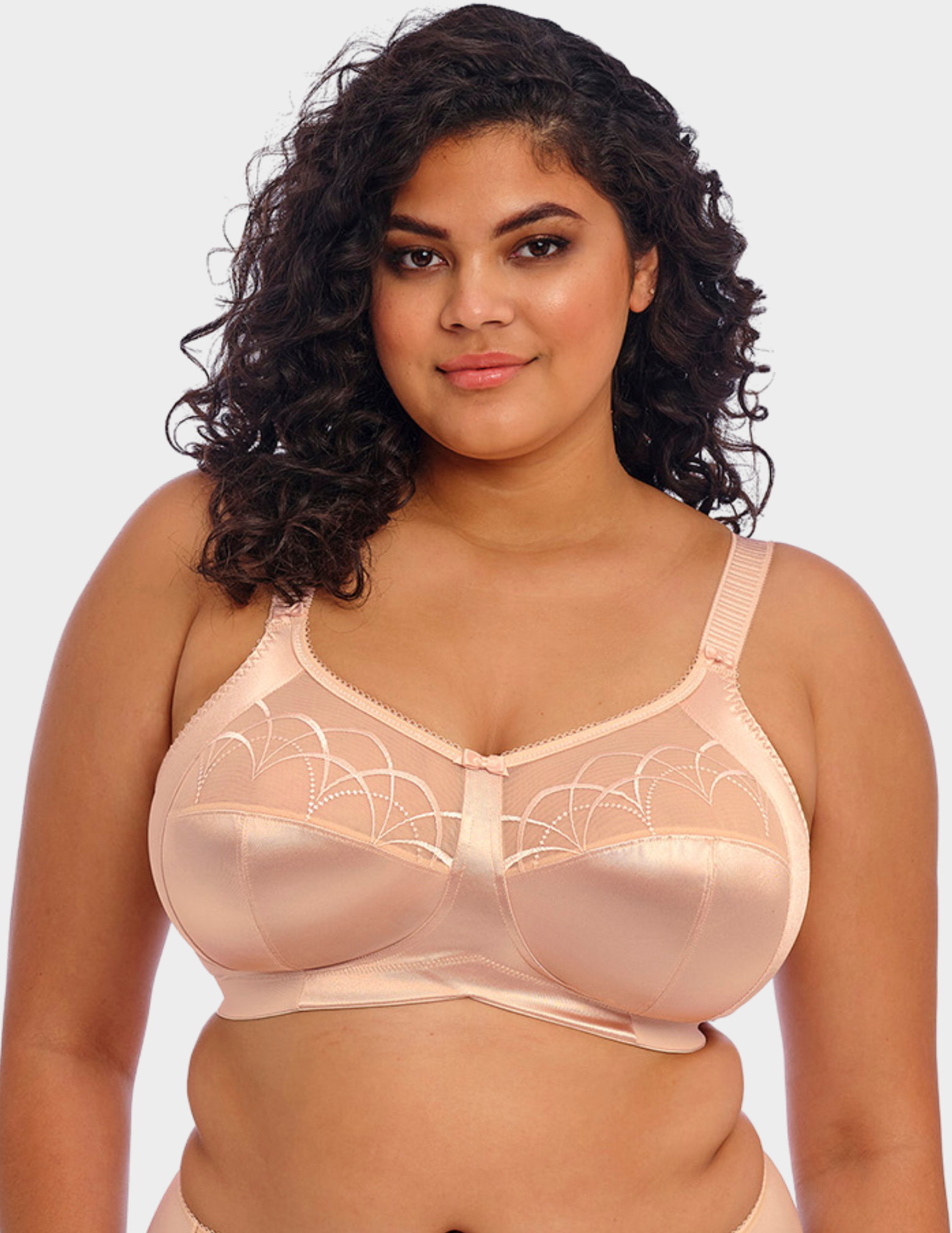 Front view of a model wearing Elomi Cate soft cup bra in latte