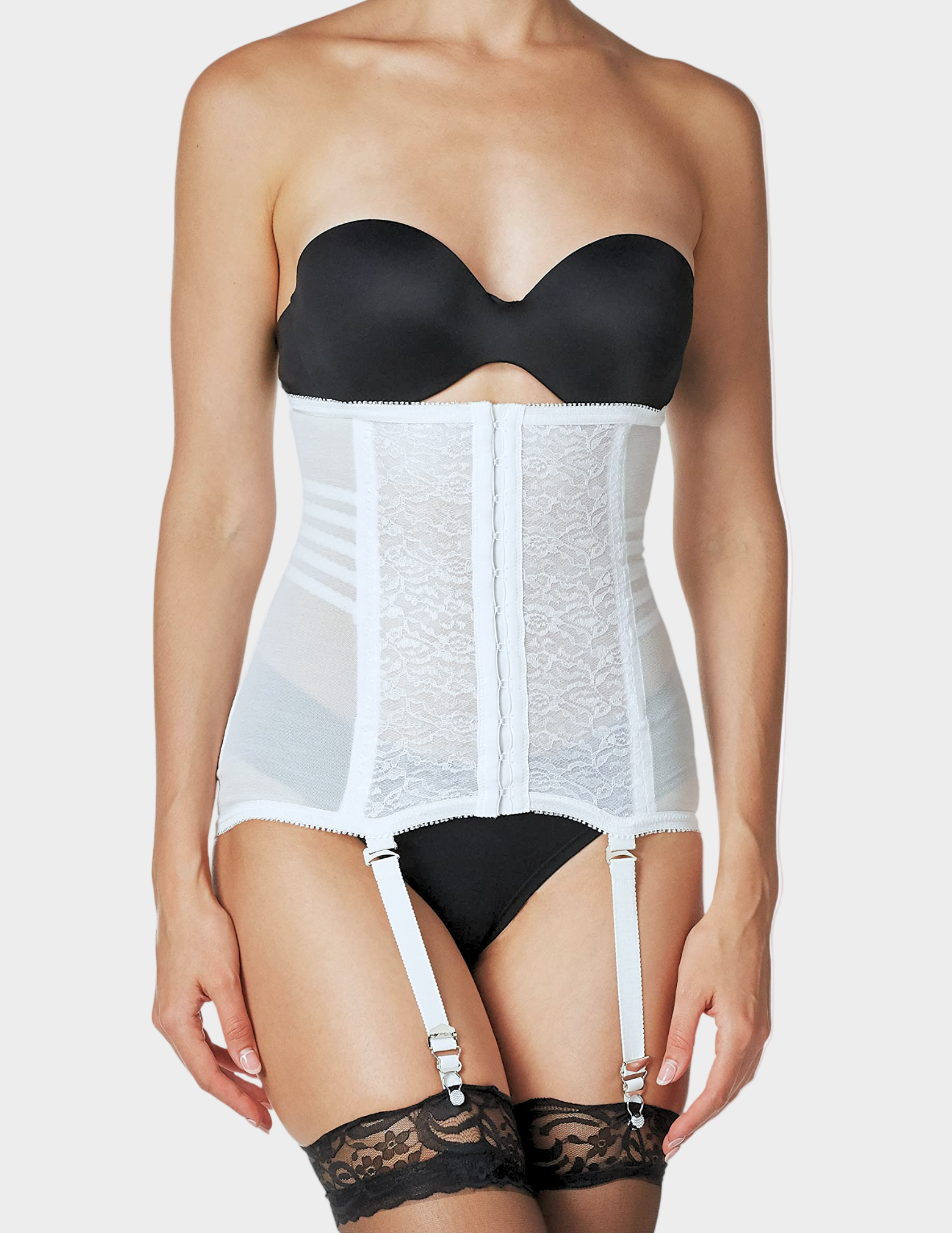 Front view of a model wearing Rago 21 white waist trainer
