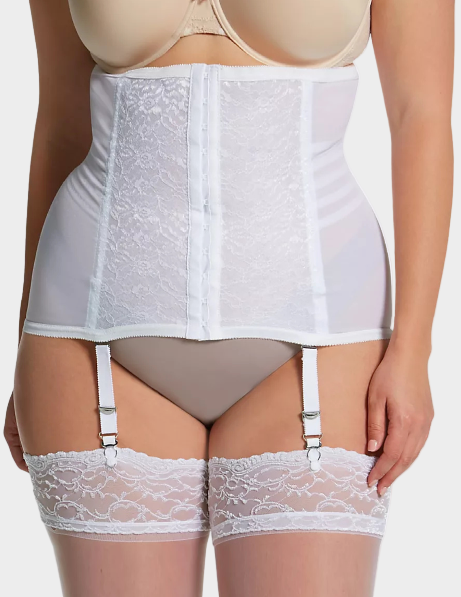 Front view of a curvy model wearing Rago 21 white waist trainer