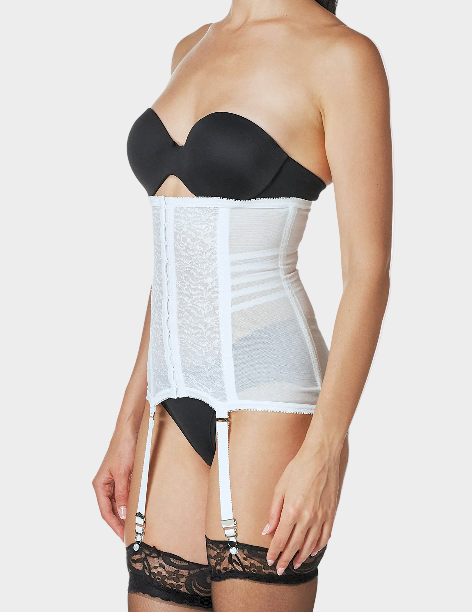 Side view of a model wearing Rago 21 white waist trainer