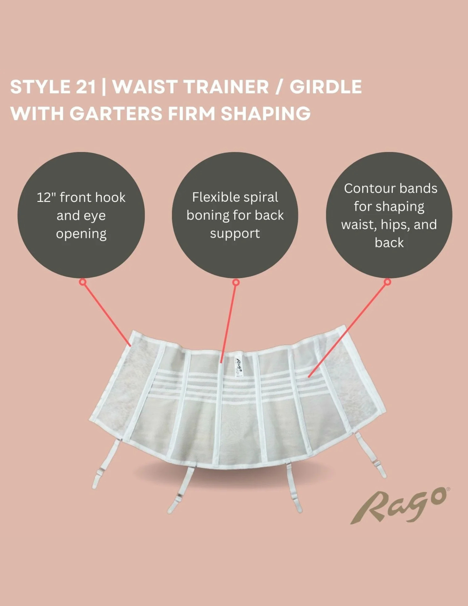 Inside view of Rago 21 white waist trainer with text describing features