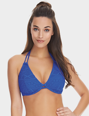 Front view of a model wearing Freya Sundance halter bikini top in Cobalt