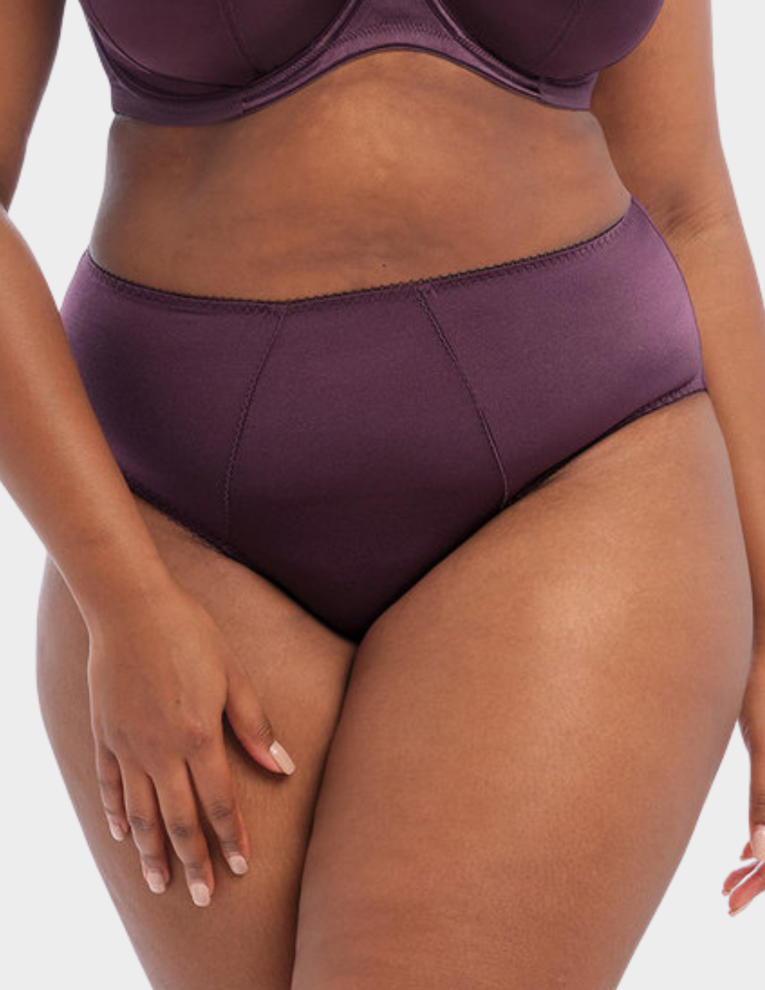 Front view of a model wearing Goddess Keira brief in Damson