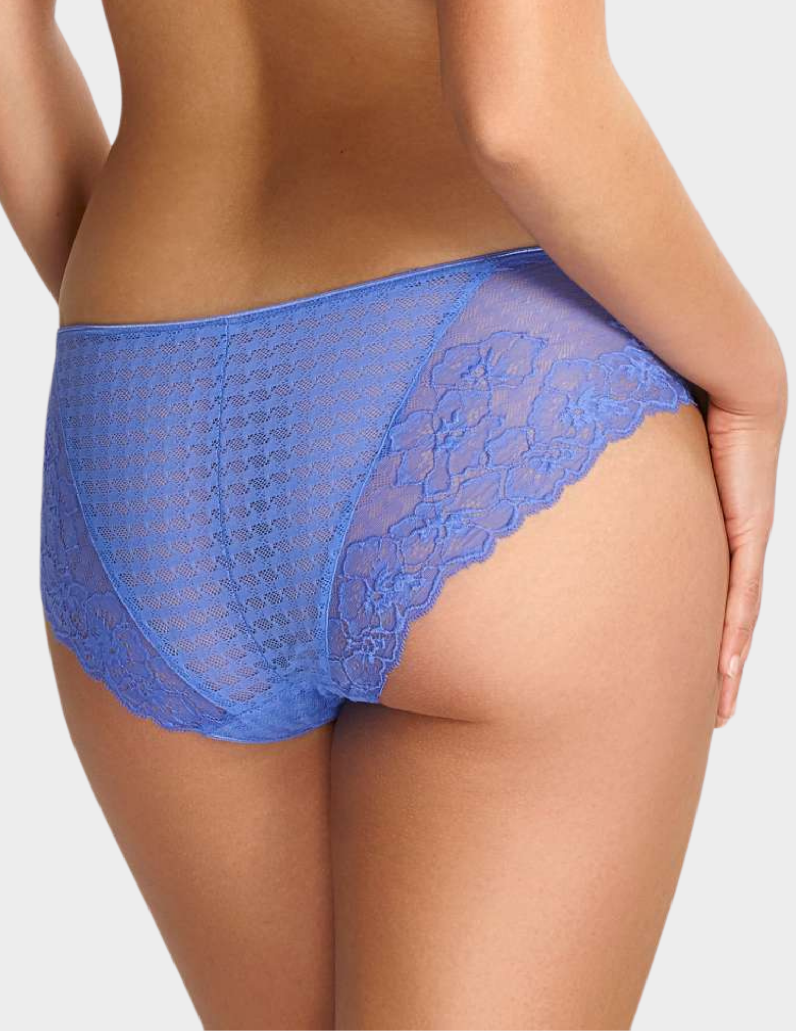 Back view of a model wearing Panache Envy brief in cornflower