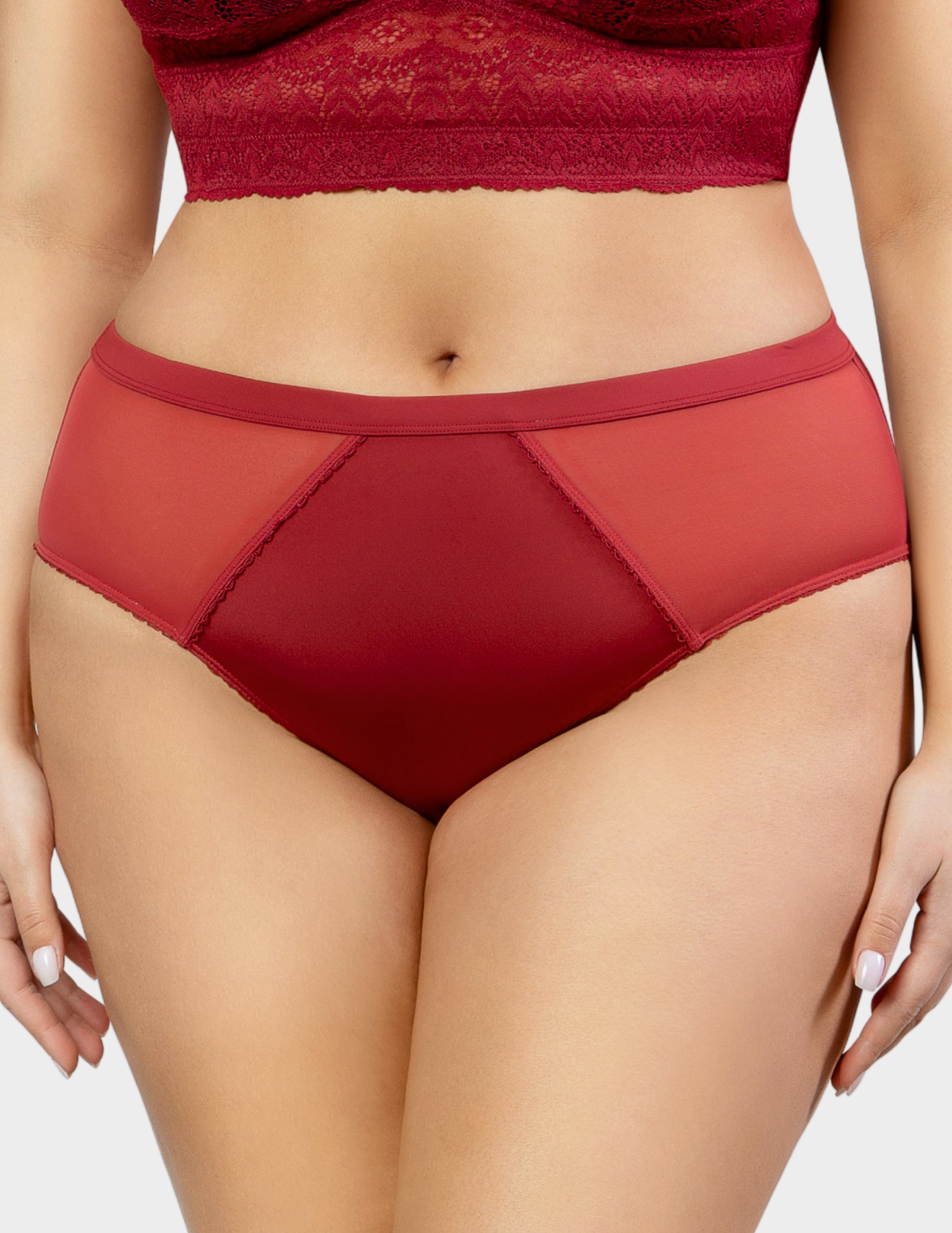 Front view of a model wearing Parfait Micro Dressy panty in rio red