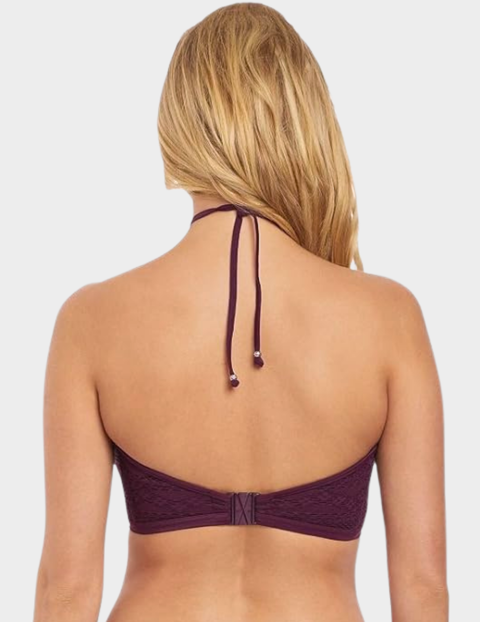 Back view of a model wearing Freya Sundance hi-neck bikini top in black cherry