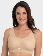 Front view of a model wearing Anita Essential Lace bralette in color Desert