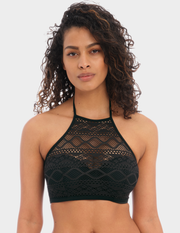 Front view of a model wearing Freya Sundance hi-neck bikini top in black