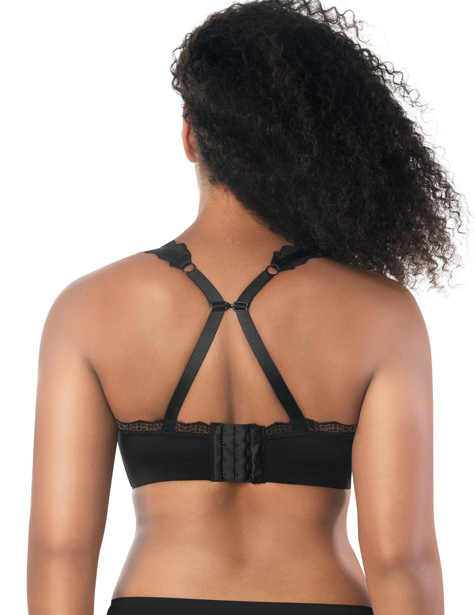Back view of a model wearing Parfait Dalis bralette in Black with straps hooked