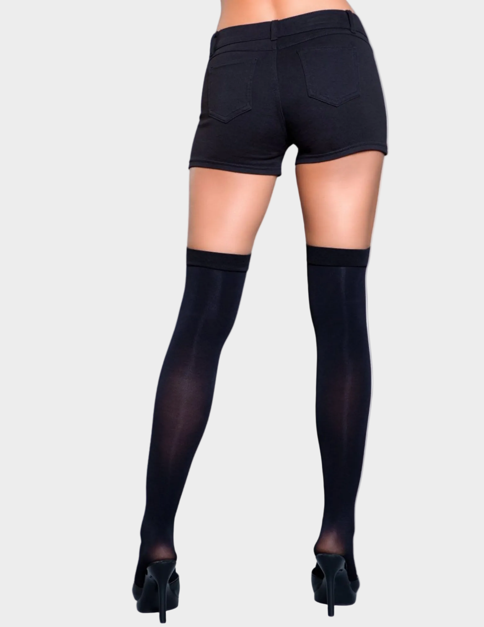 Back view of a model wearing black clip on thigh highs
