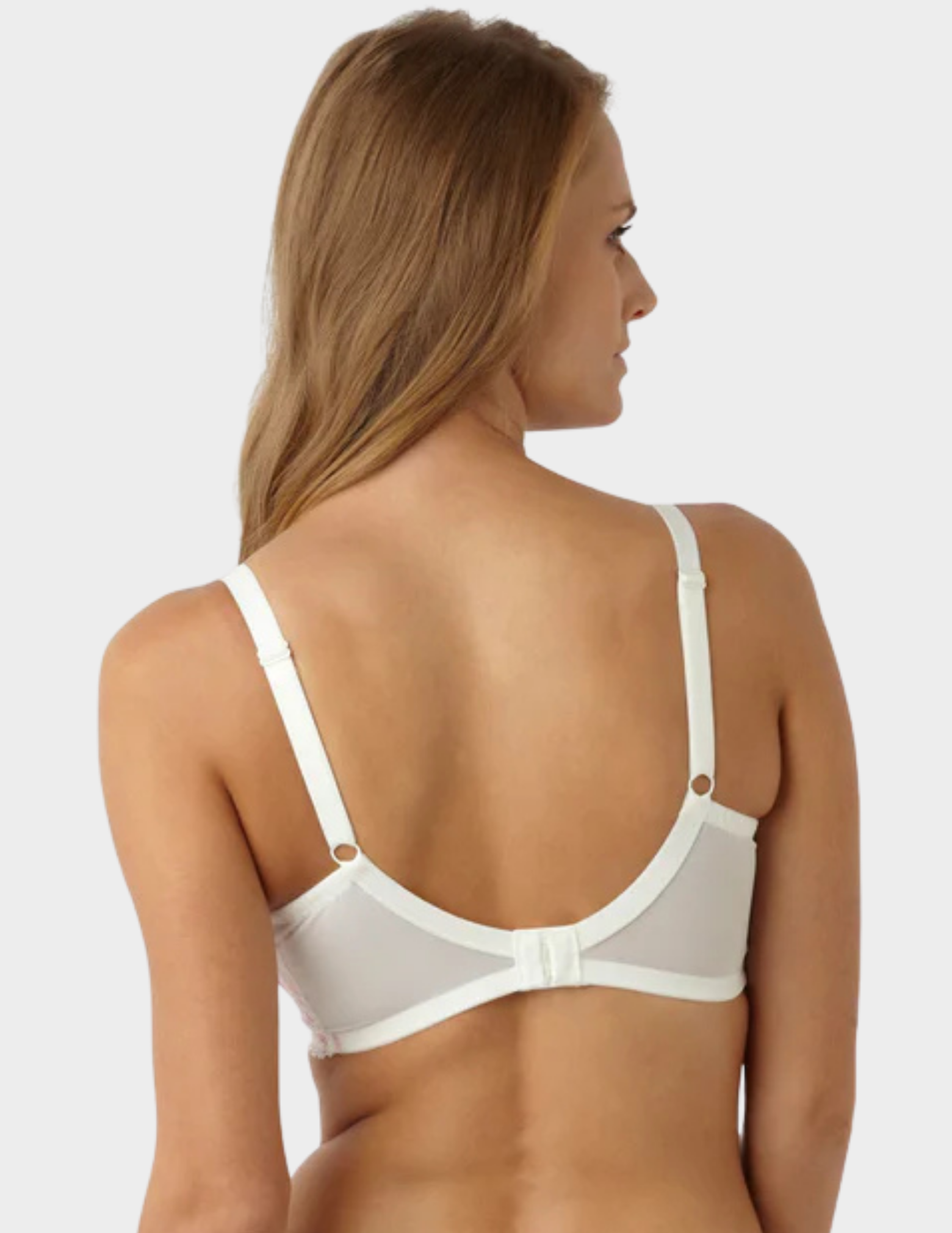 Back view of a model wearing Panache Sophie nursing bra in Ivory/Pink