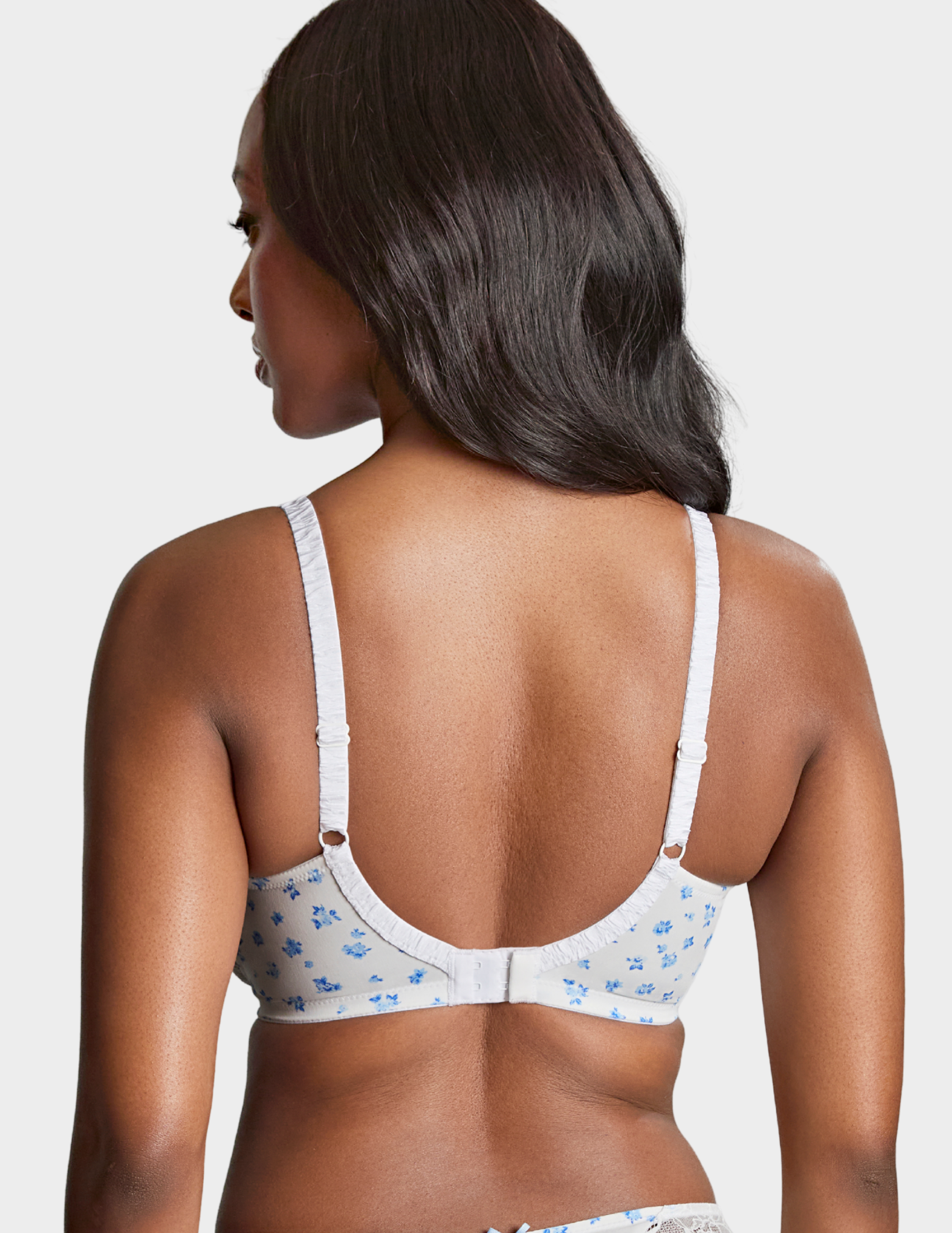 Back view of a model wearing Panache Cherie plunge bra in vintage floral