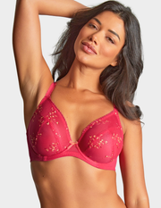 Front view of a model wearing Panache Meadow plunge bra in Raspberry