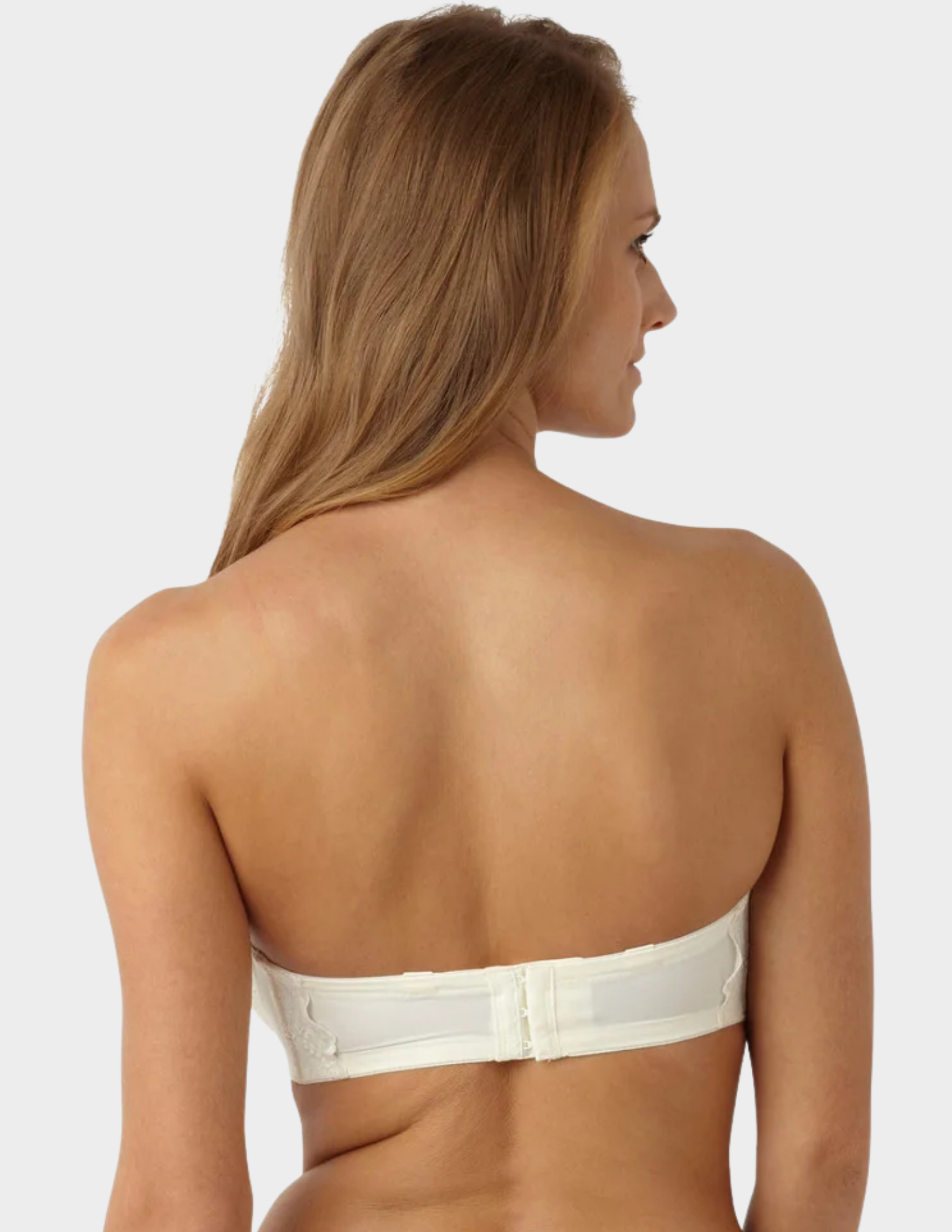 Back view of a model wearing Panache Evie Bridal strapless bra in Ivory