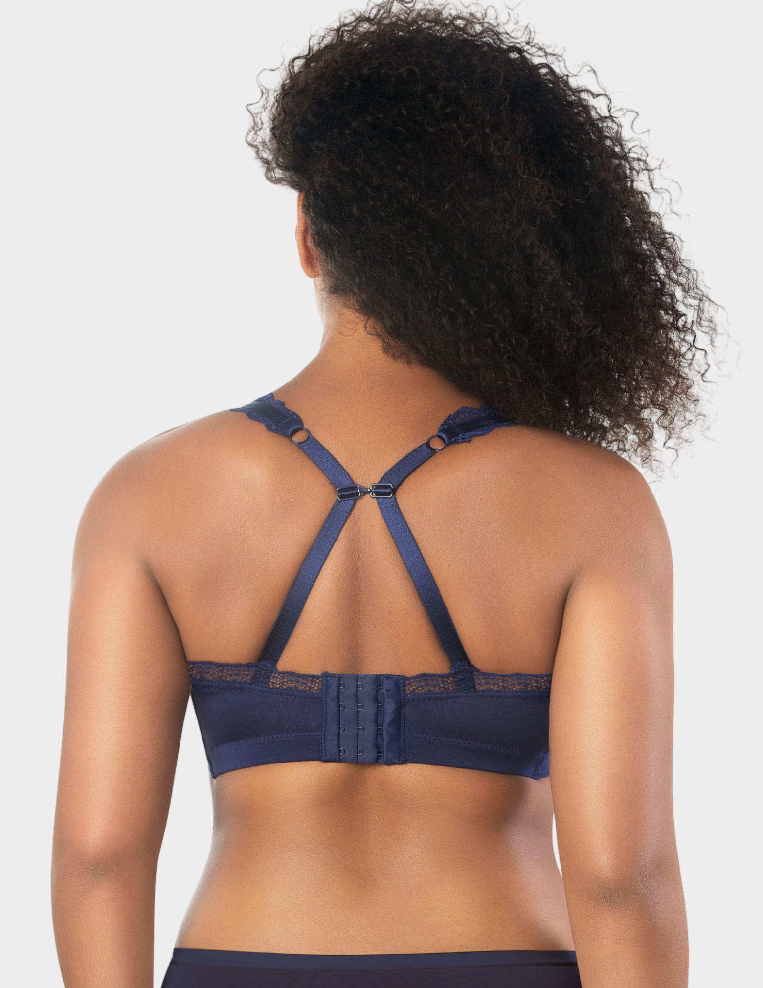 Back view of a model wearing Parfait Dalis bralette in Navy with straps hooked