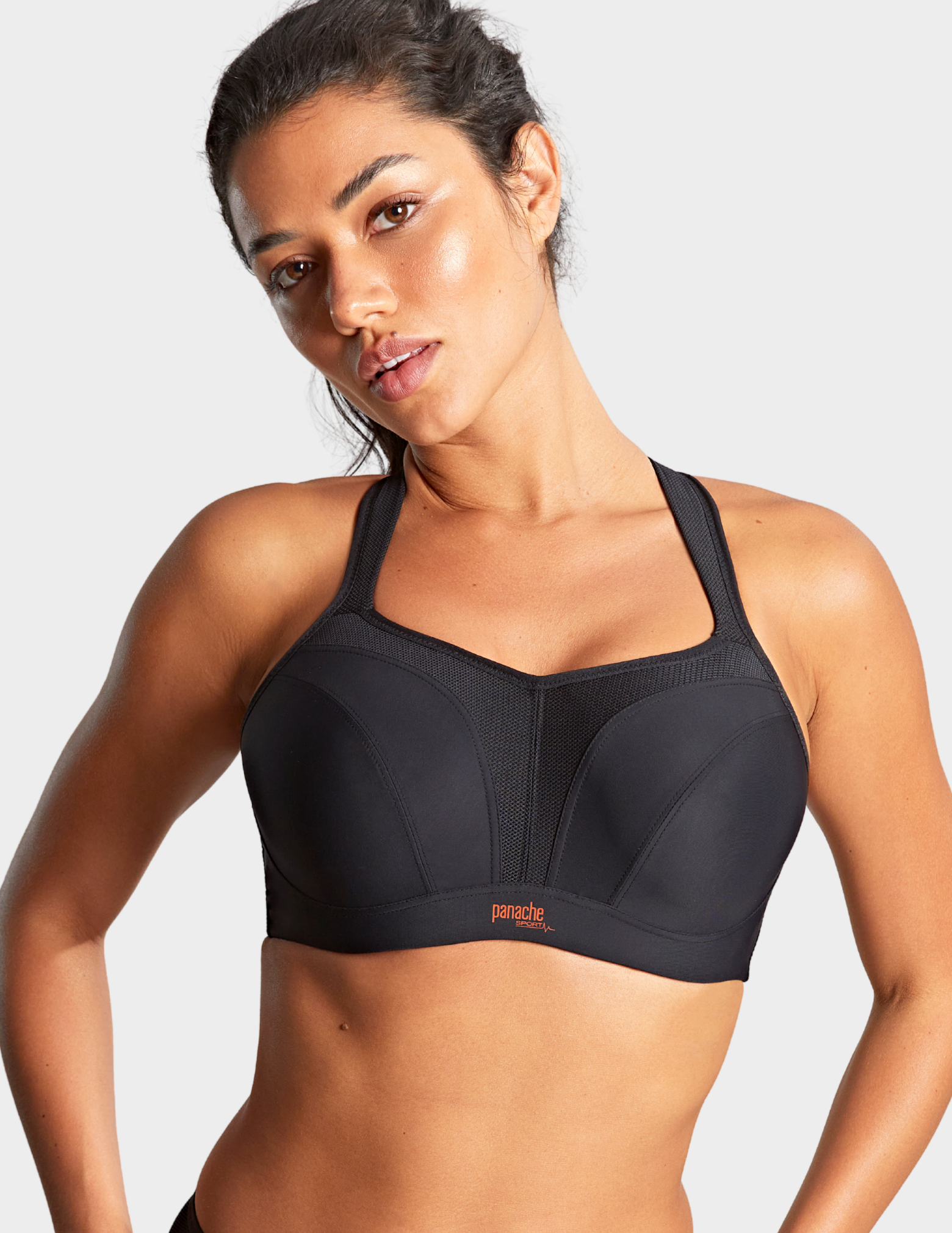 Front view of a model wearing Panache Power sports bra in black
