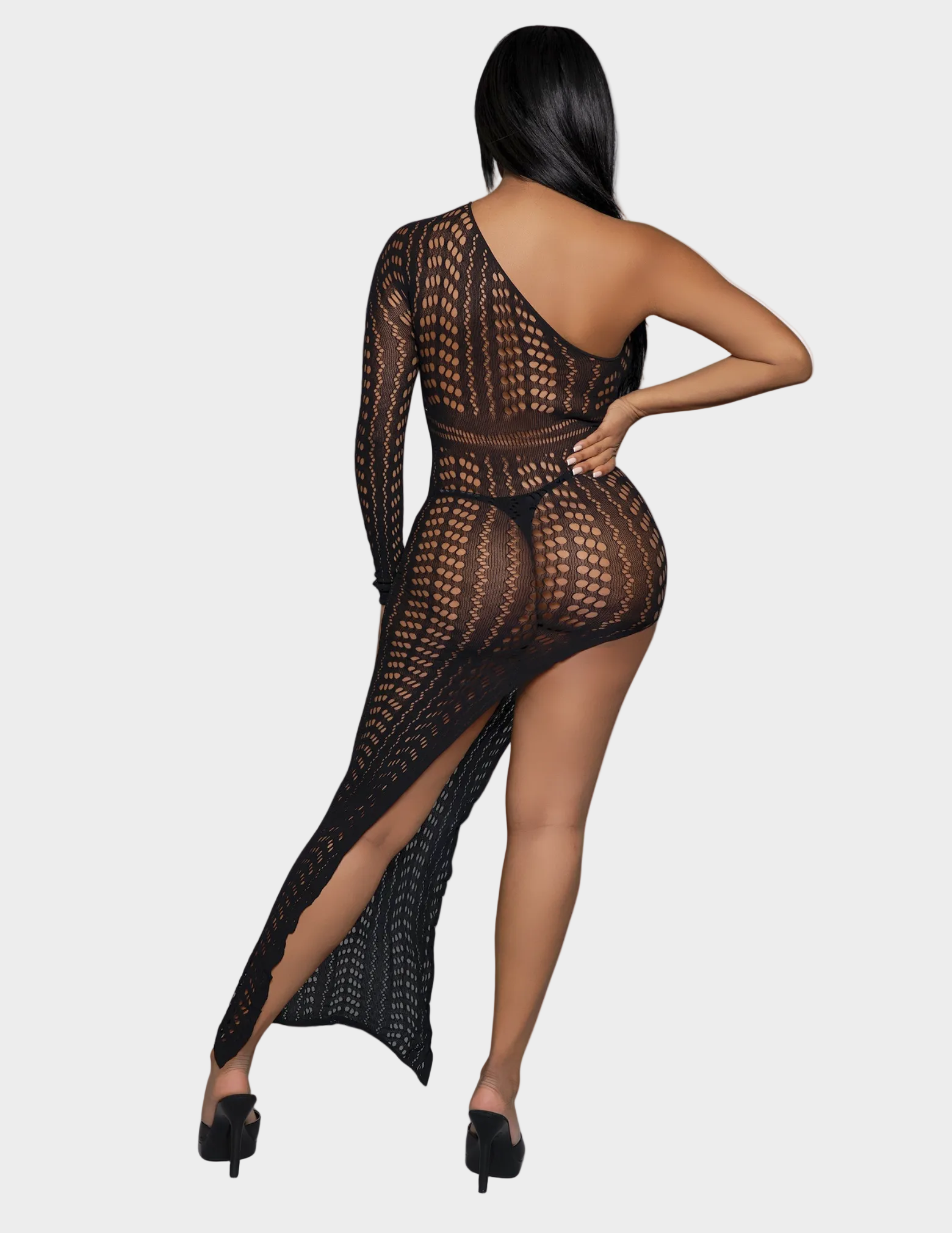 Back view of a model wearing a long black bodystocking dress