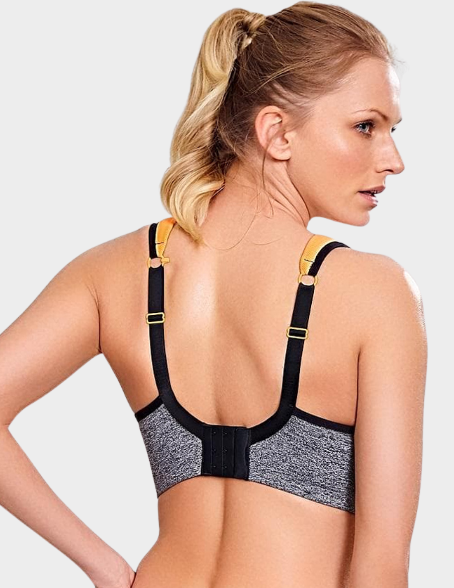 Back view of a model wearing Panache Power sports bra in Grey Mango