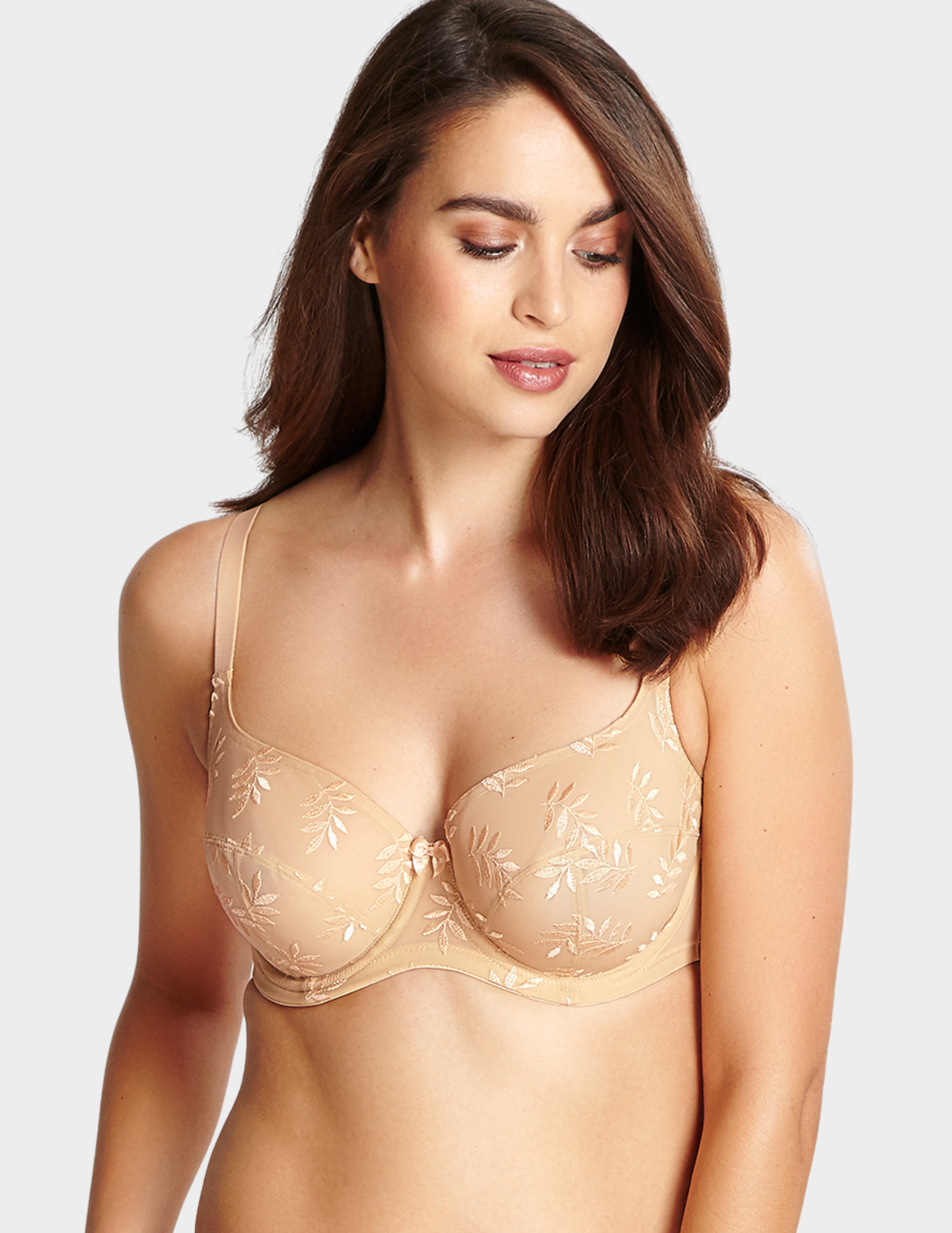 Front view of a model wearing Panache Tango balconette bra in Chai