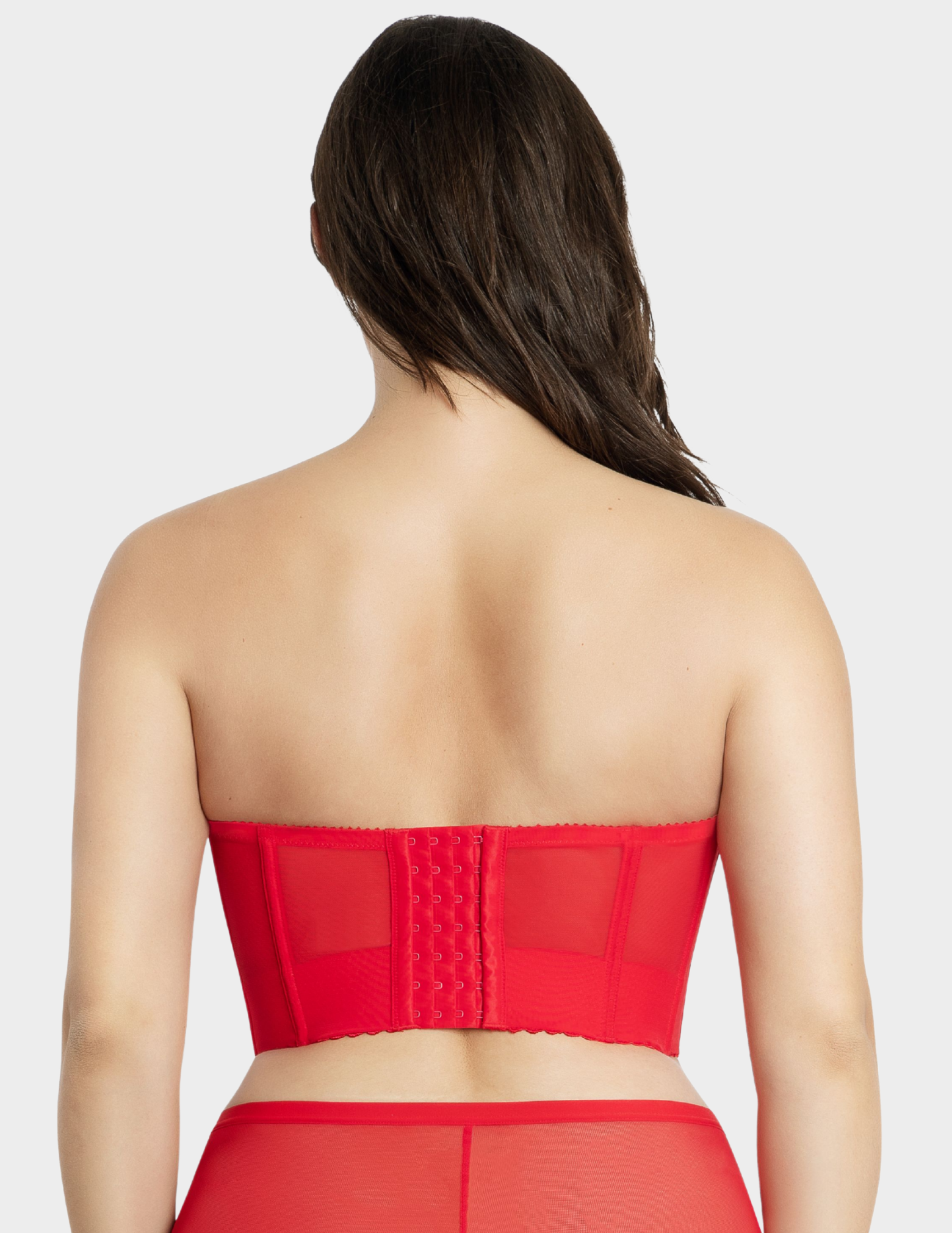 Back view of a model wearing Parfait Shea bustier bra in racing red