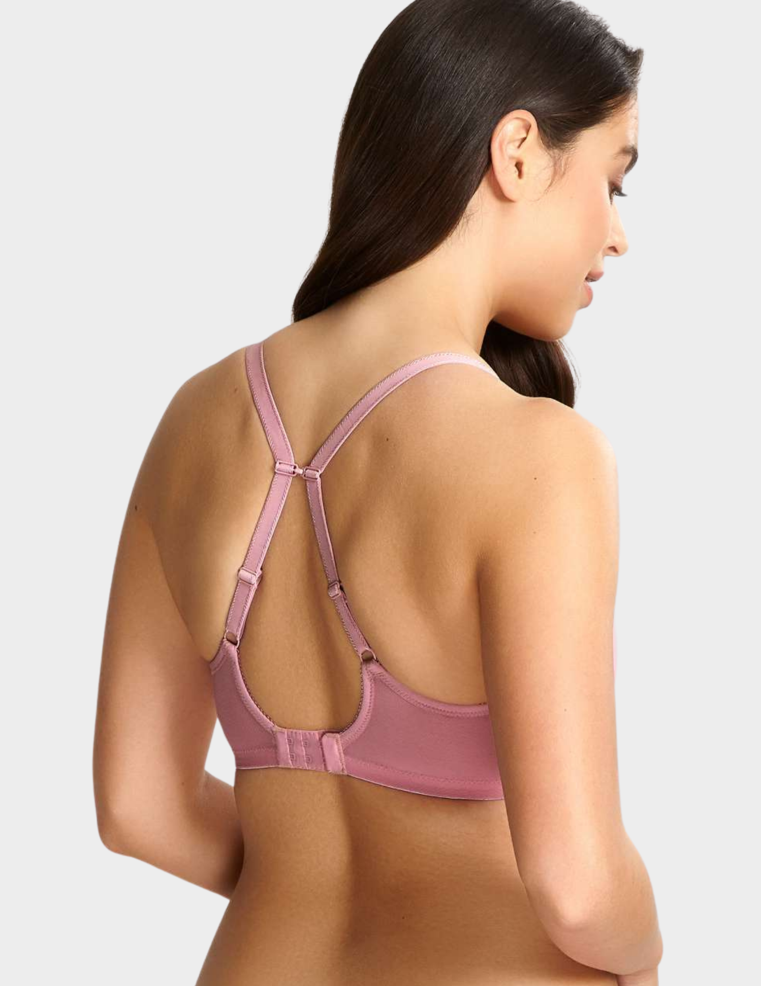 Back view of a model wearing Panache Cari t shirt bra in blossom with straps hooked 