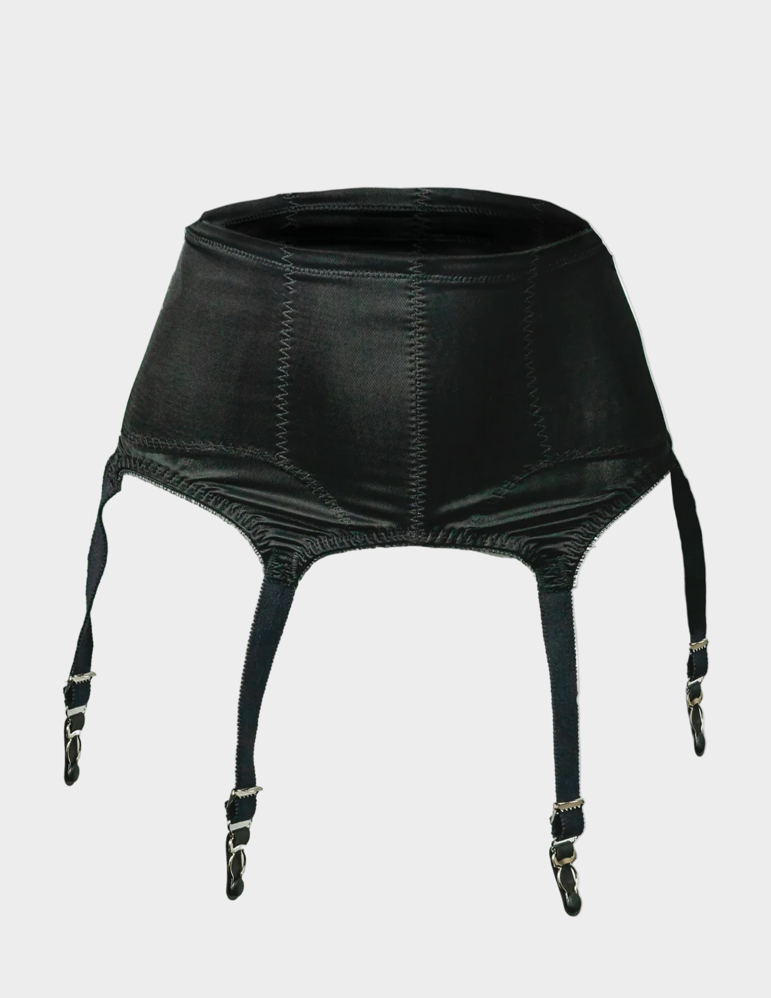 Front view of Rago 3184 black six strap garter belt on a white background