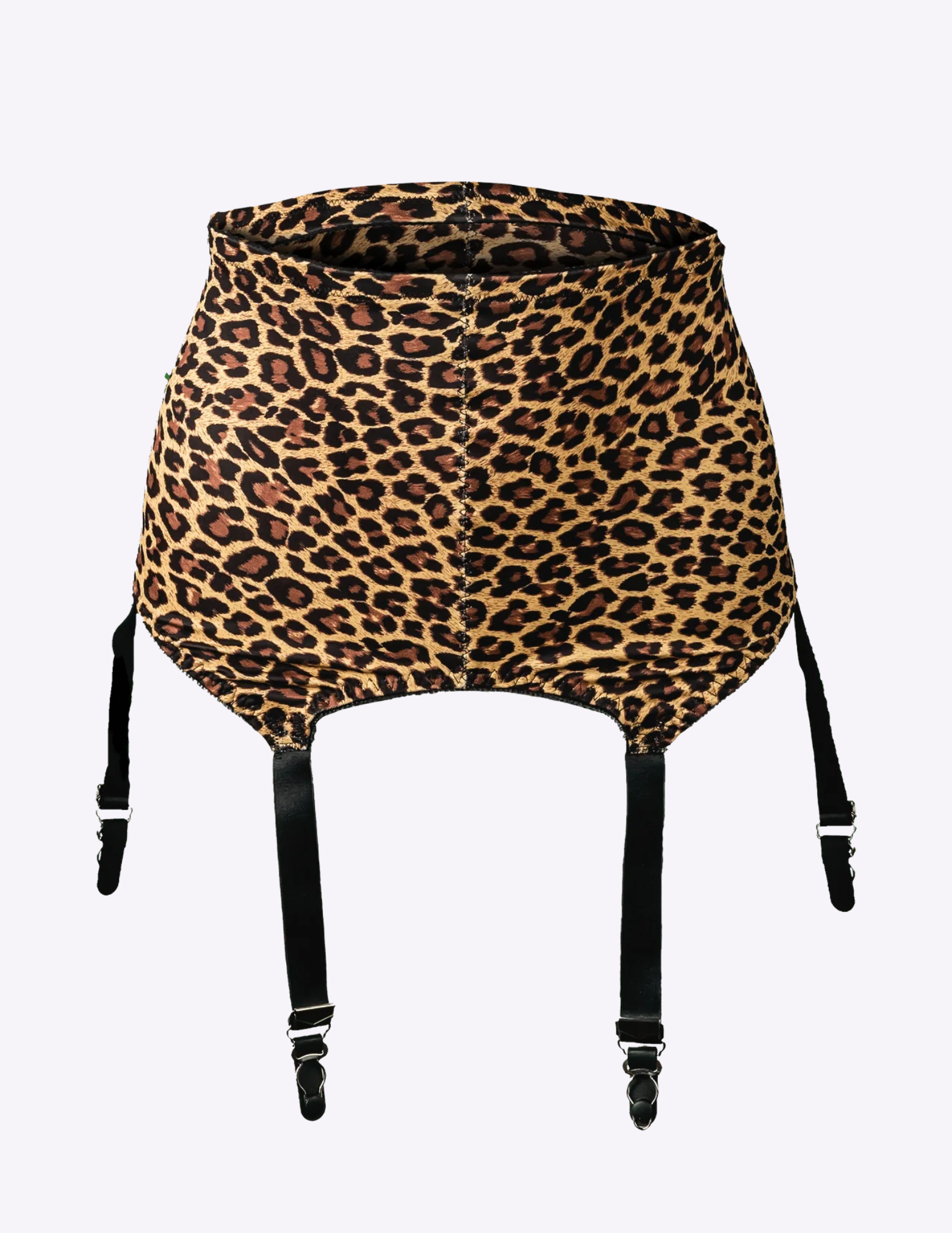 Front view of Rago 3184 leopard six strap garter belt on a white background