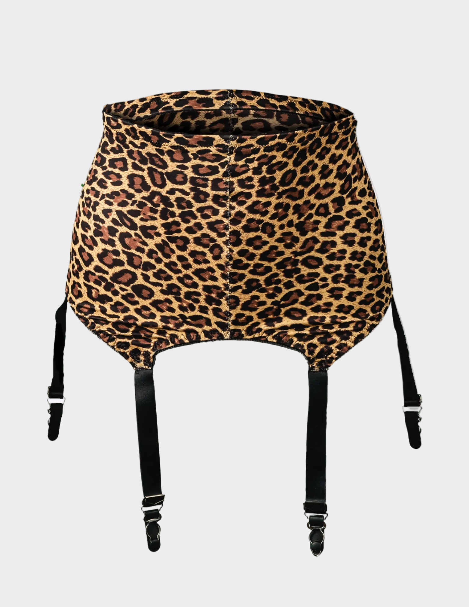 Front view of Rago 3184 leopard six strap garter belt on a white background