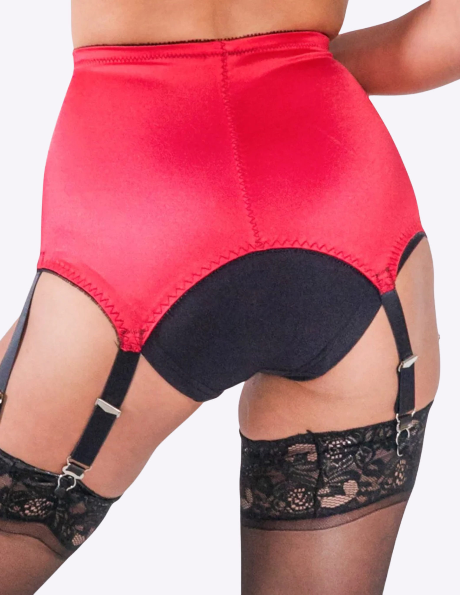 Back view of a model wearing Rago 3184 red six strap garter belt