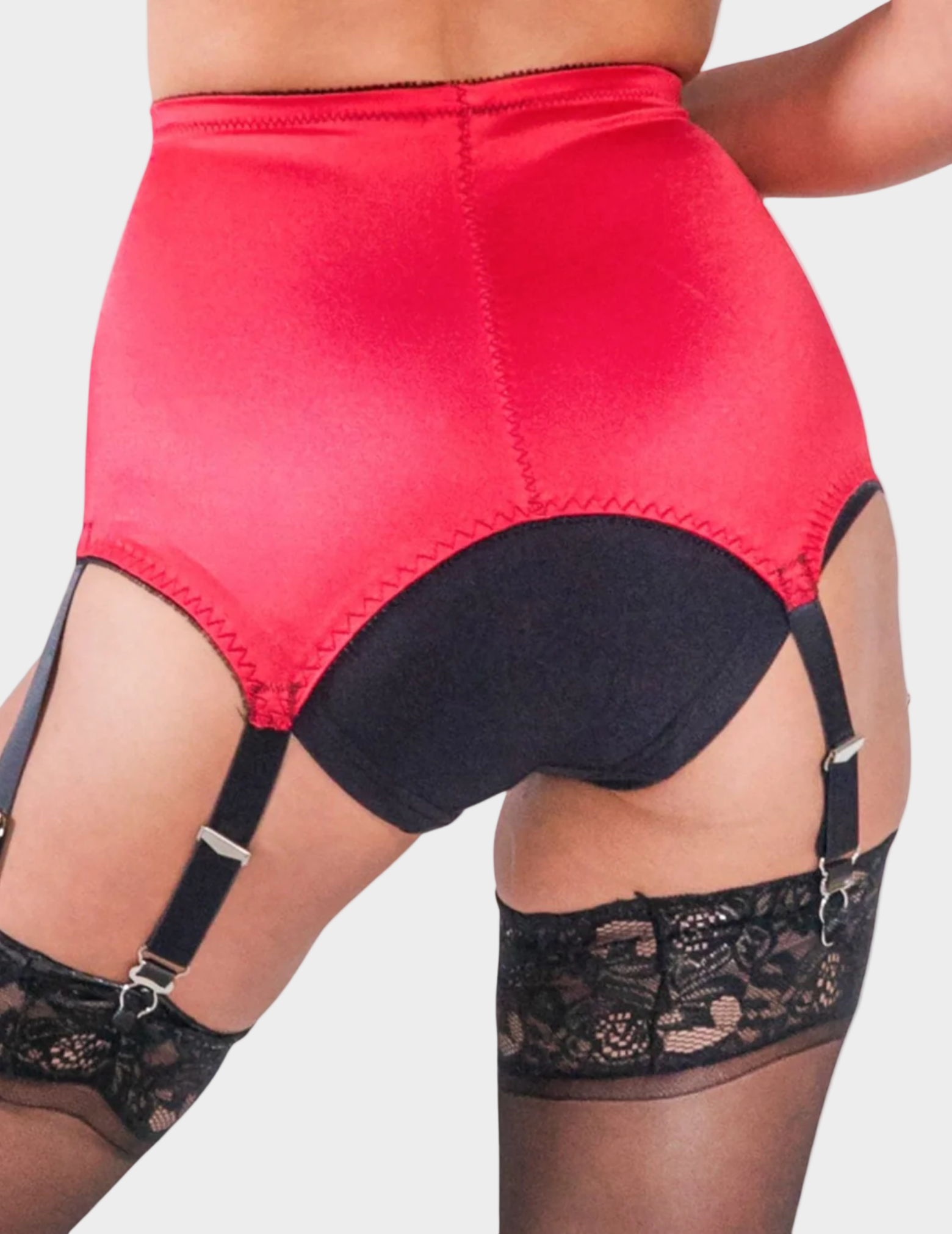 Back view of a model wearing Rago 3184 red six strap garter belt
