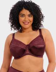 Front view of a model wearing Elomi Cate bra in raisin