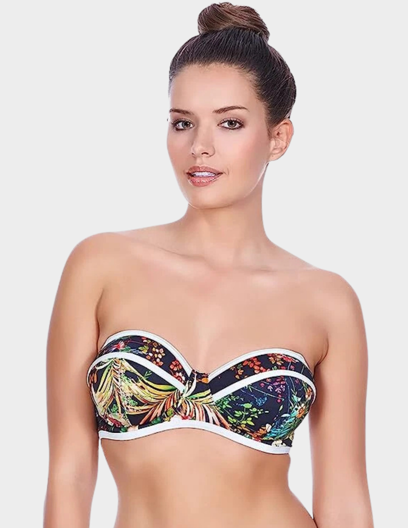Front view of a model wearing Freya Tropicana bandeau bikini top