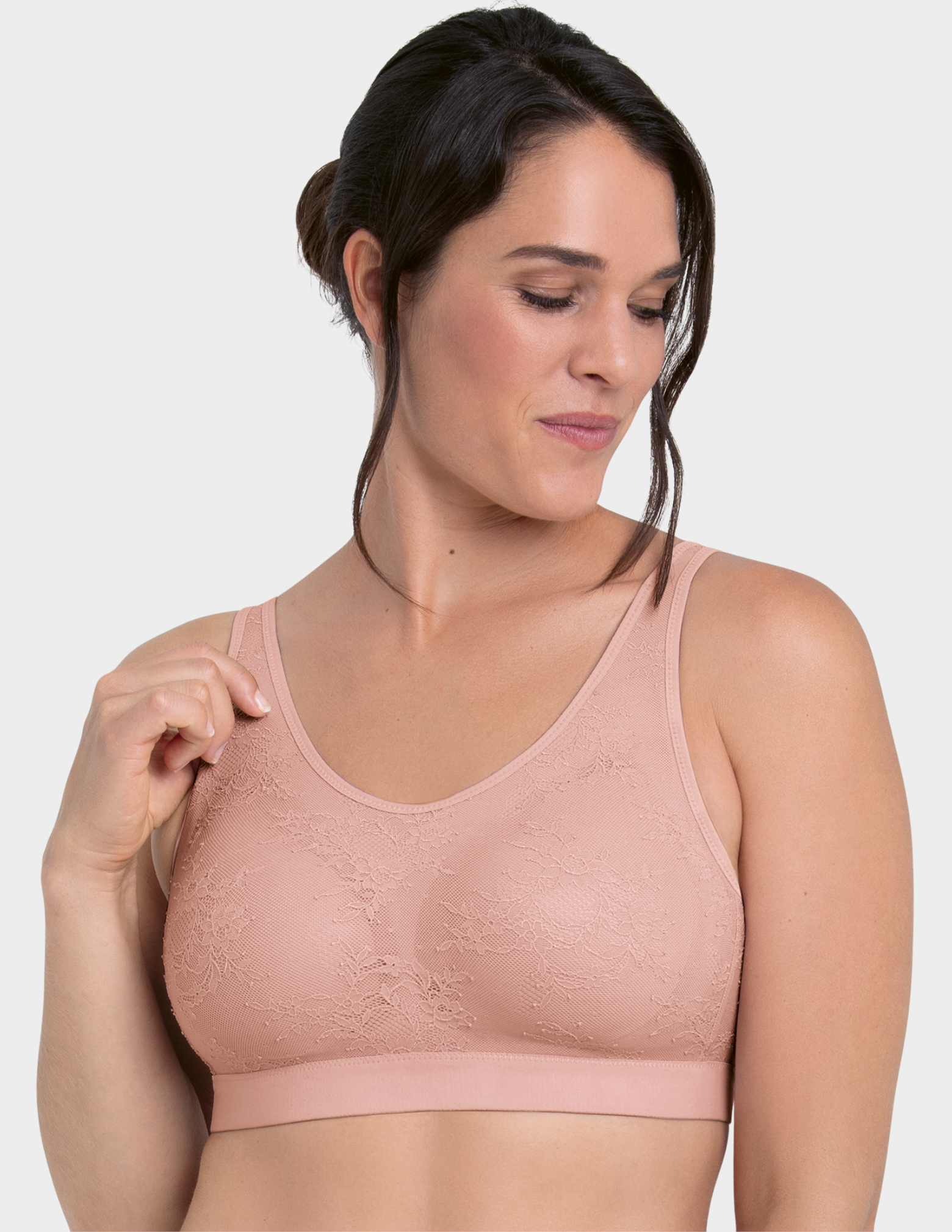 Front view of a model wearing Anita Essential Lace bralette in color Rosewood