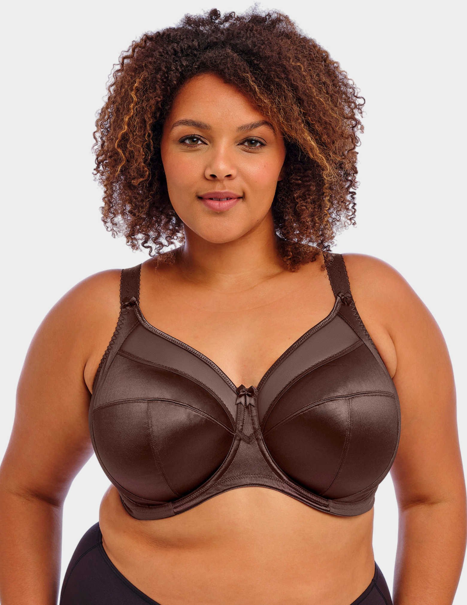 Front view of a model wearing Goddess Keira bra in chocolate
