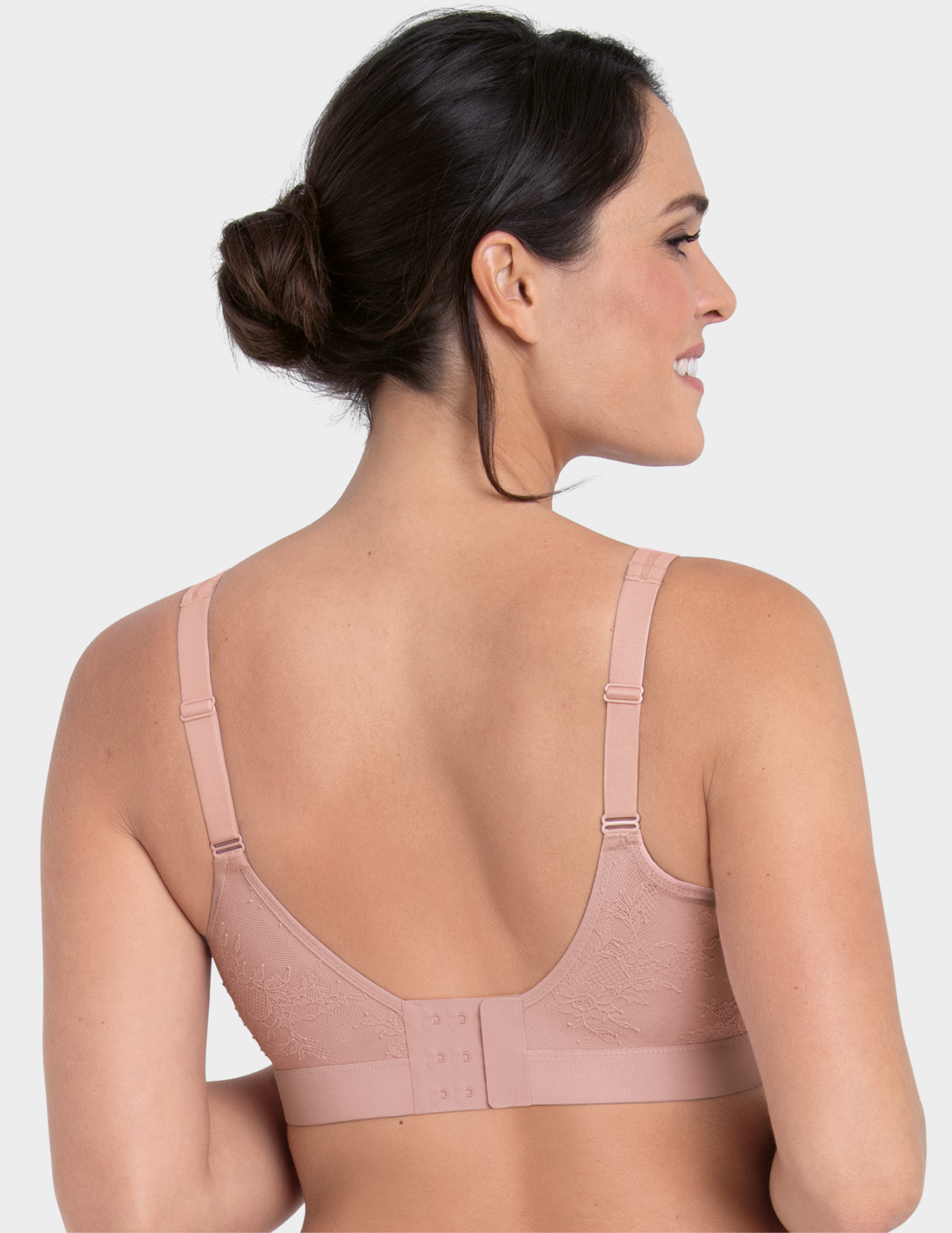 Back view of a model wearing Anita Essential Lace bralette in color Rosewood
