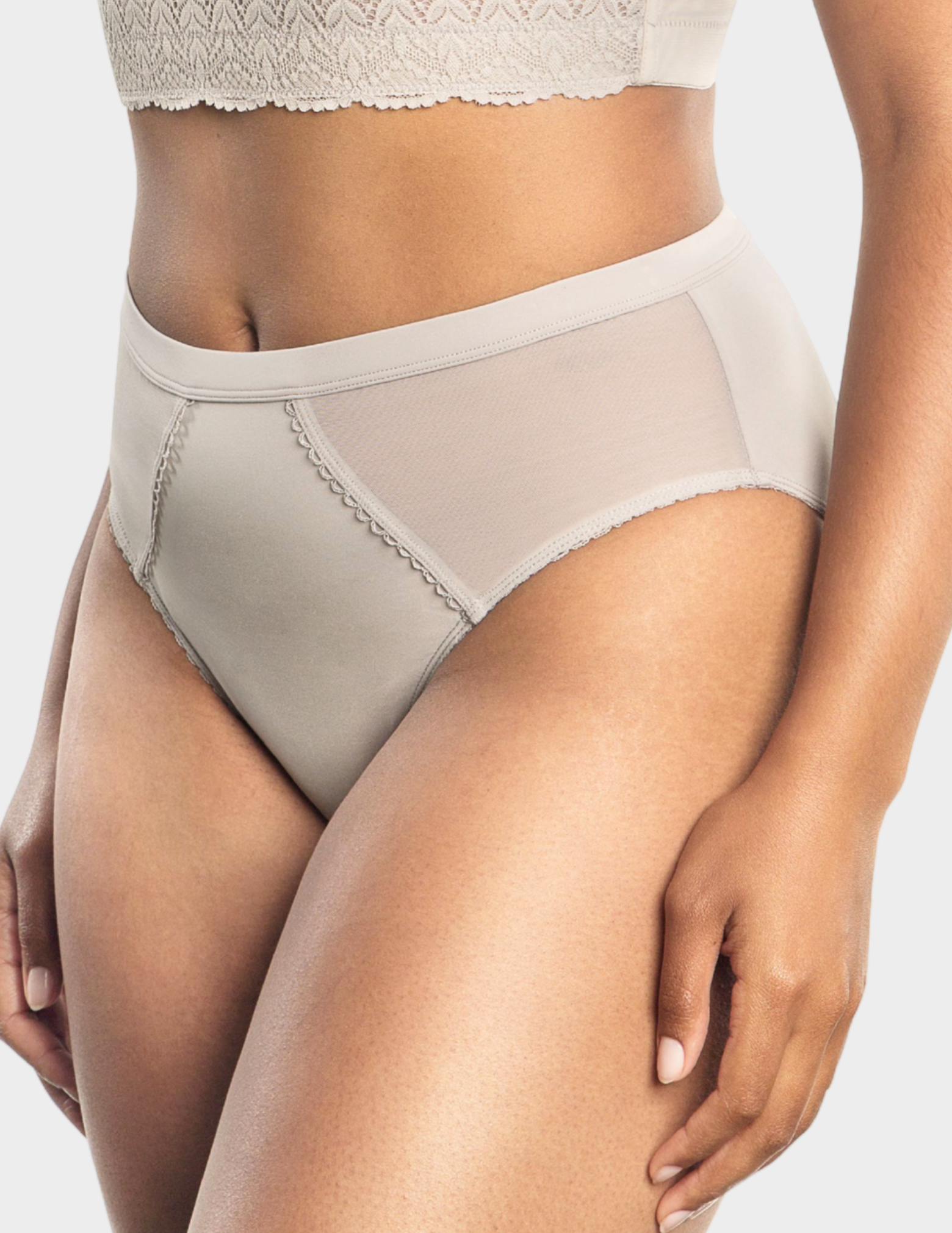 Side view of a model wearing Parfait Micro Dressy panty in sandstone