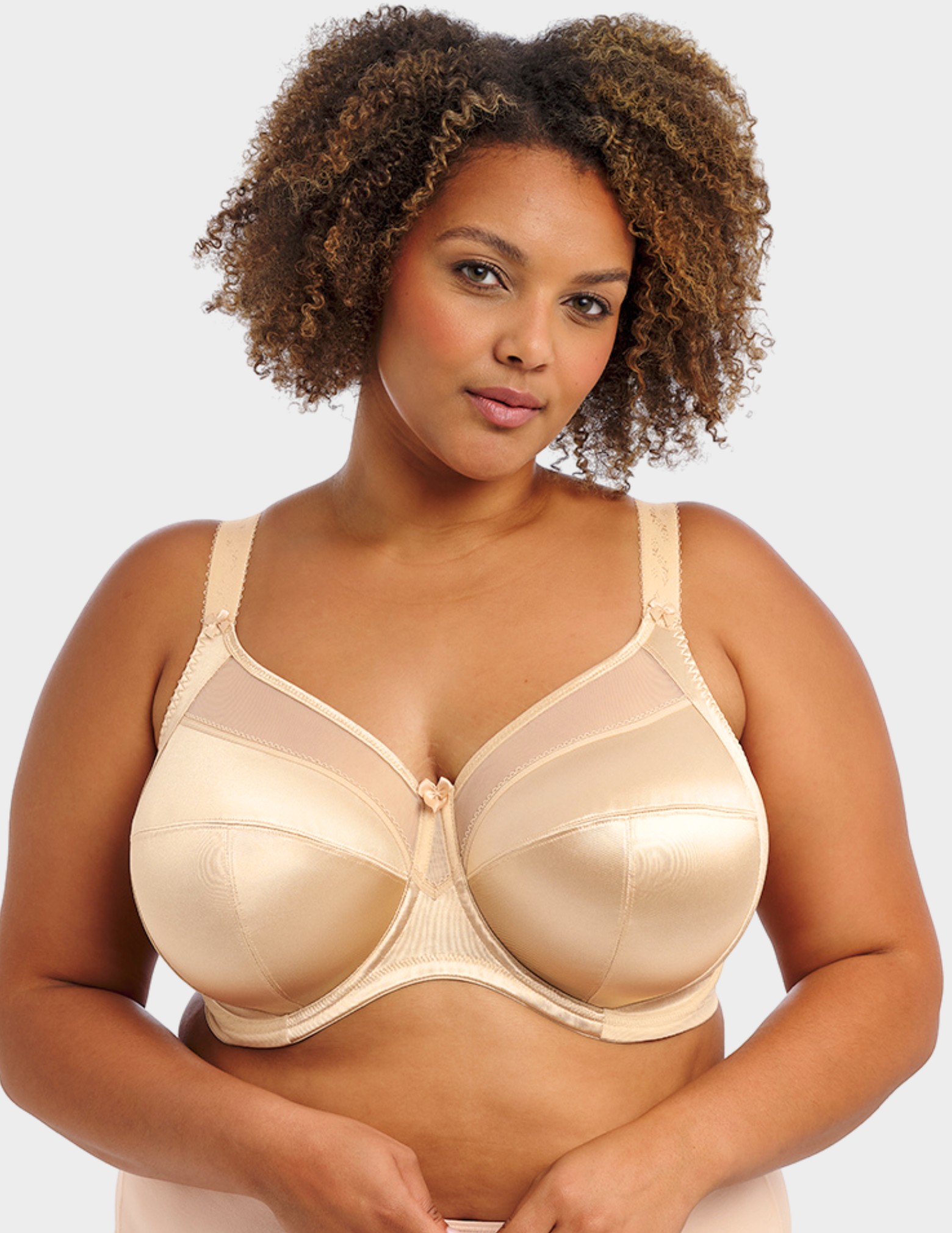 Front view of a model wearing Goddess Keira bra in nude