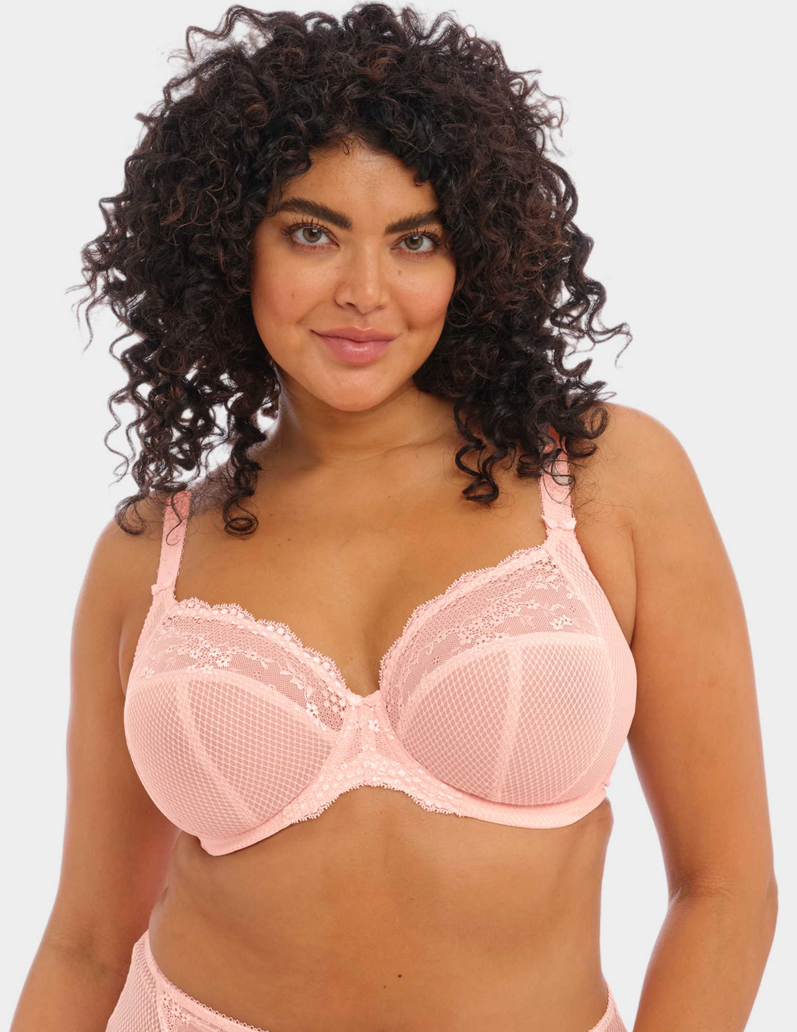 Front view of a model wearing Elomi Charley stretch plunge bra in ballet pink